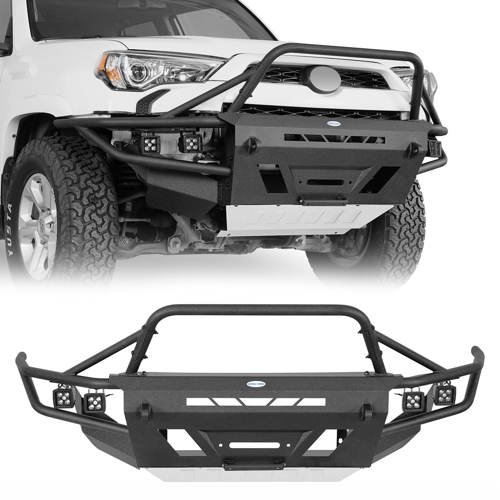 Hooke Road 4Runner Tube Front Bumper for 2014-2024 Toyota 4Runner 5th Gen, Offroad Bumper with Winch Plate Skid Plate & 4 LED Spot Lights
