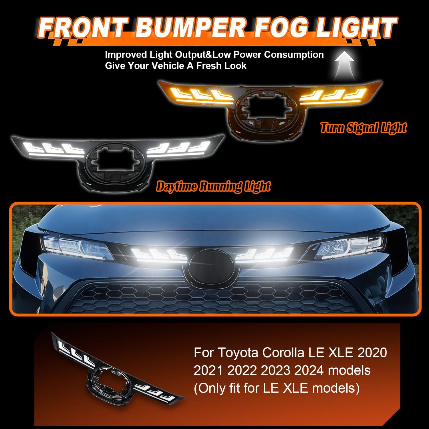 LED Front Bumper Center Grille Light Fog Light for Toyota Corolla LE XLE 2020 2021 2022 2023 2024 (Not fit SE/XSE), Amber Sequential Turn Signal Lamp & White Daytime Running Light DRL