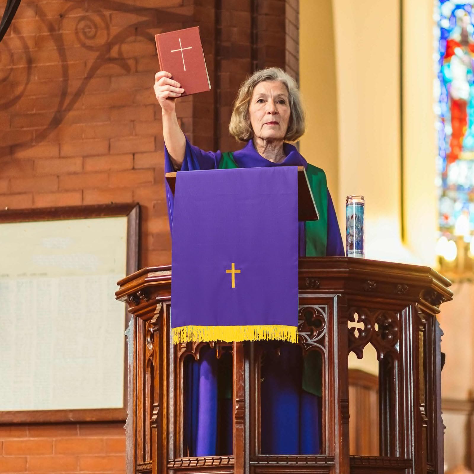 Ipetboom Set di paramenti per pastori per chiesa protestante, pulpito reversibile e tovaglia, forniture per il clero per servizi di culto, funerali o matrimoni, verde viola