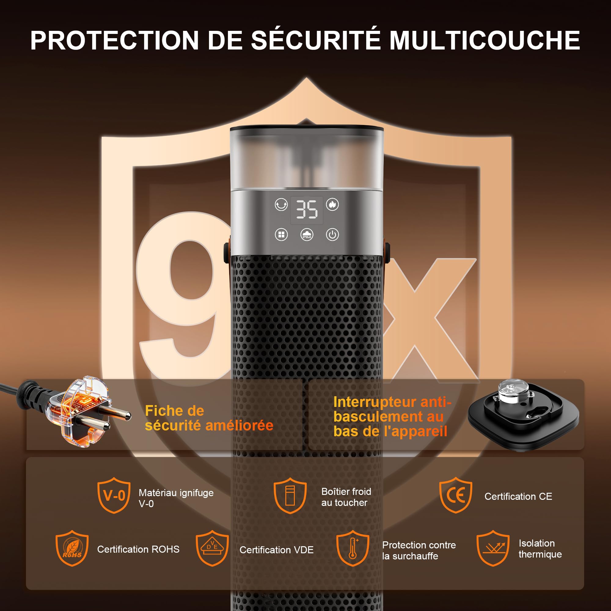 Chauffage électrique à faible consommation 2000 W PTC avec humidification, télécommande, 75 ° oscillation, 3 éclairage ambiant, ECO, minuterie 12H, protection contre la surchauffe et le basculement