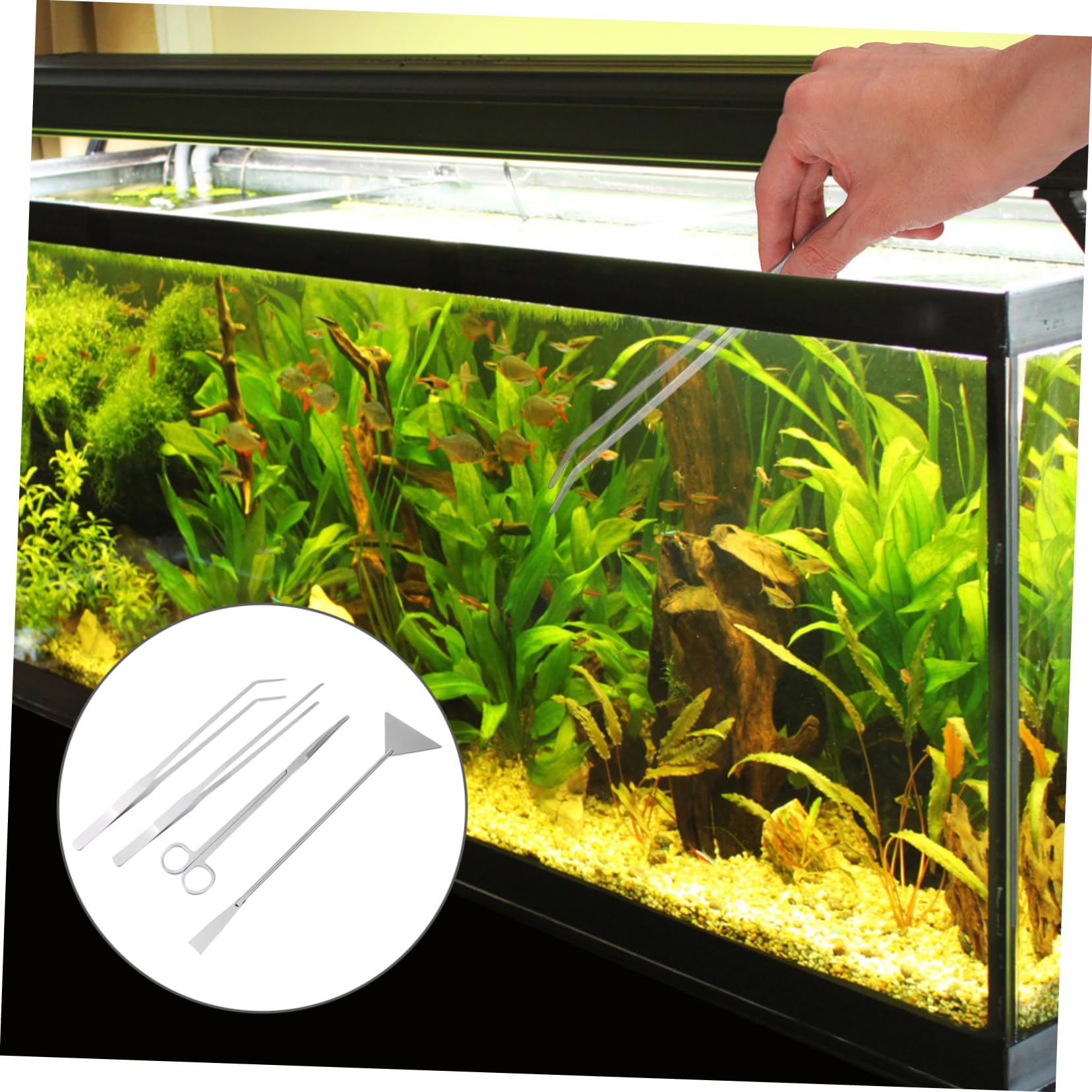 Juego de Herramientas para Plantas Acuáticas de Acuario 4 Piezas | Acero Inoxidable, Color Plata, 1 Set, para Sustrato y Grava, Mantenimiento y Retirada de Plantas Marchitas