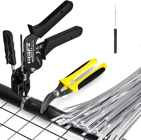Metal Zip Ties Heavy Duty Outdoor, 110 Pcs 11.8 inch Stainless Steel Zip Ties Gun Kit for Chain Link Fence Ties, Metal Zip Tie Tool Sets with Self-Locking Stainless Zip Ties