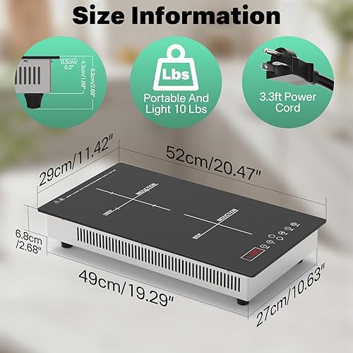 Miniatura 7 de Placa de cocción de doble inducción de 1900 W, 2 quemadores eléctricos con bloqueo de seguridad, temporizador, 8 niveles de potencia, control táctil