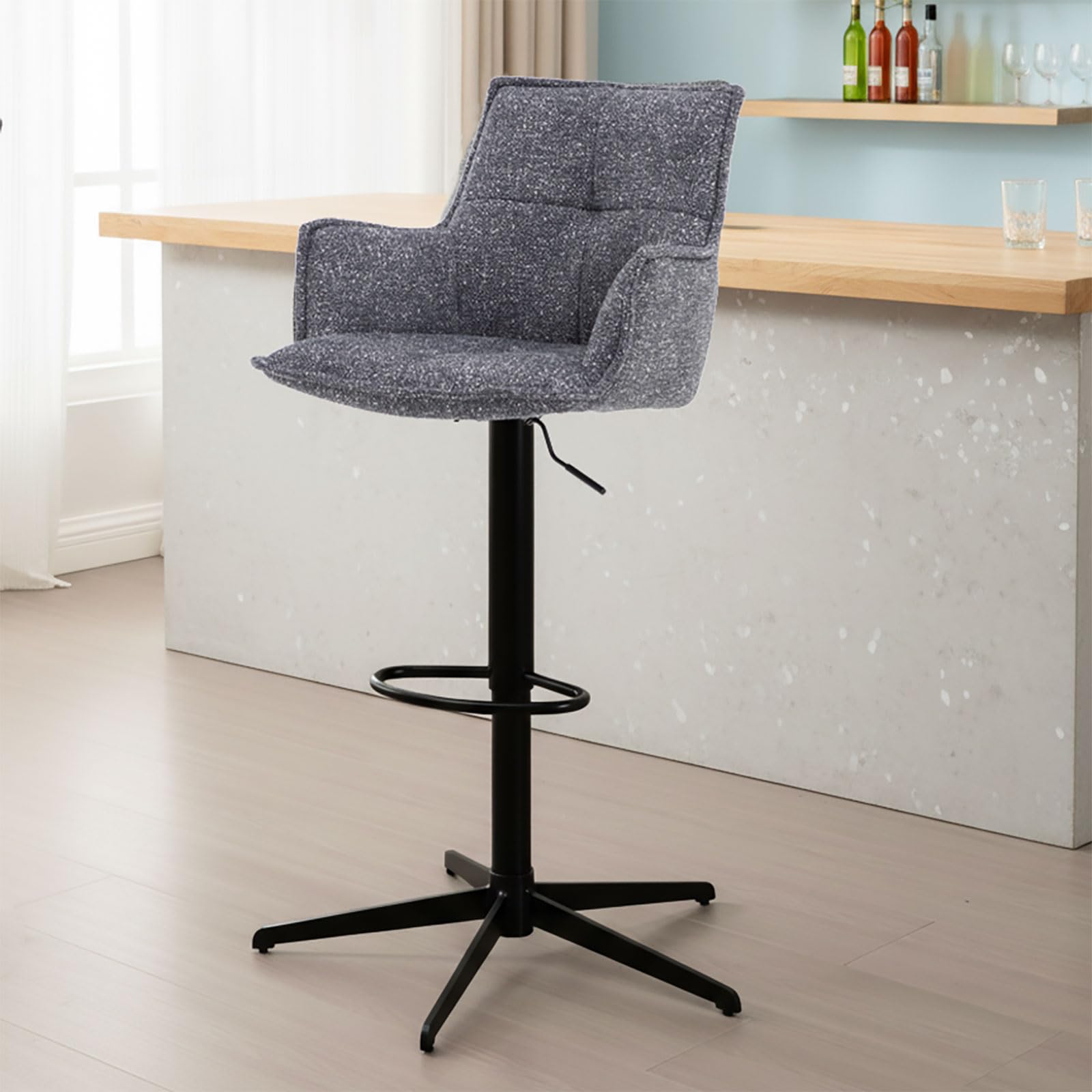 Grey Kitchen High Stools, Kitchen High Chairs, High Stool with 360° Swivel Backrest with Upholstery, Metal Legs