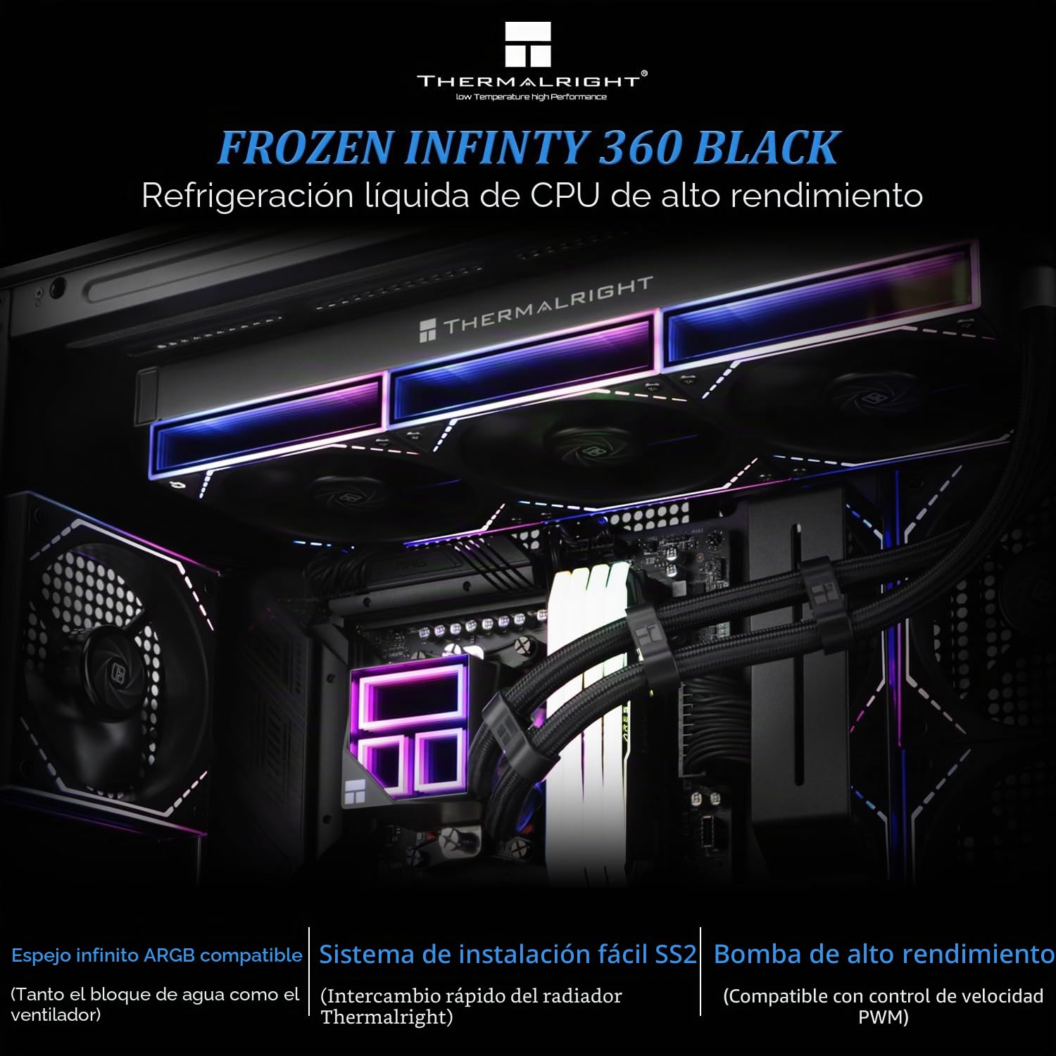 TR Frozen Infinity 360 NEGRO CPU AIO Cooler, Ventiladores TL-M12*3 PWM, Enfriador de Agua Procesador ARGB Infinity Mirror: LGA1851/1700/1150/1151/1200/2011