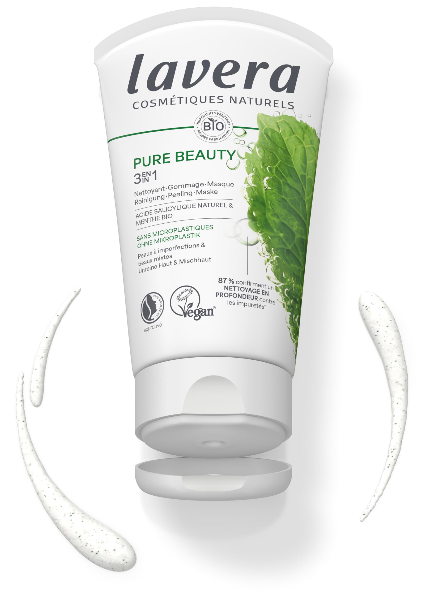 lavera Pure Beauty 3en1 Nettoyant Gommage Masque - Élimine en douceur les cellules mortes - Réduit les points noirs chez 93% des participant(e) s - vegan - 125 ml
