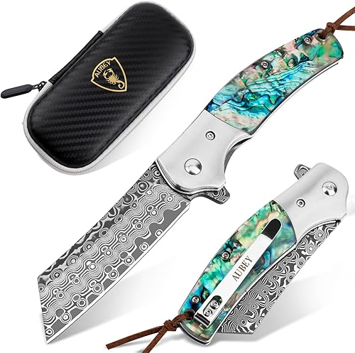 Miniatura 13 de Cuchillo de bolsillo AUBEY de Damasco con mango de aluminio, cuchillo plegable de acero de Damasco de 3.14" (8 cm), hoja con afilado hueco, cuchillo