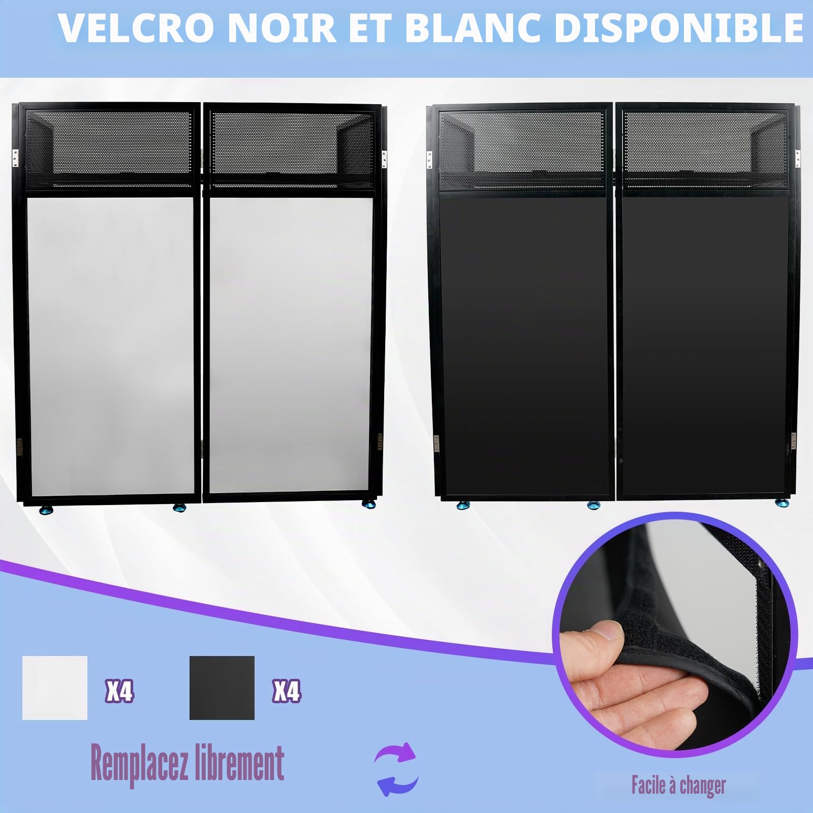 Cabine de DJ portable 108 x 53,5 x 118 cm - Façade de DJ avec cadre noir et blanc - Cadre en métal noir - Console de DJ pliable en hauteur pour événements, fêtes, mariages