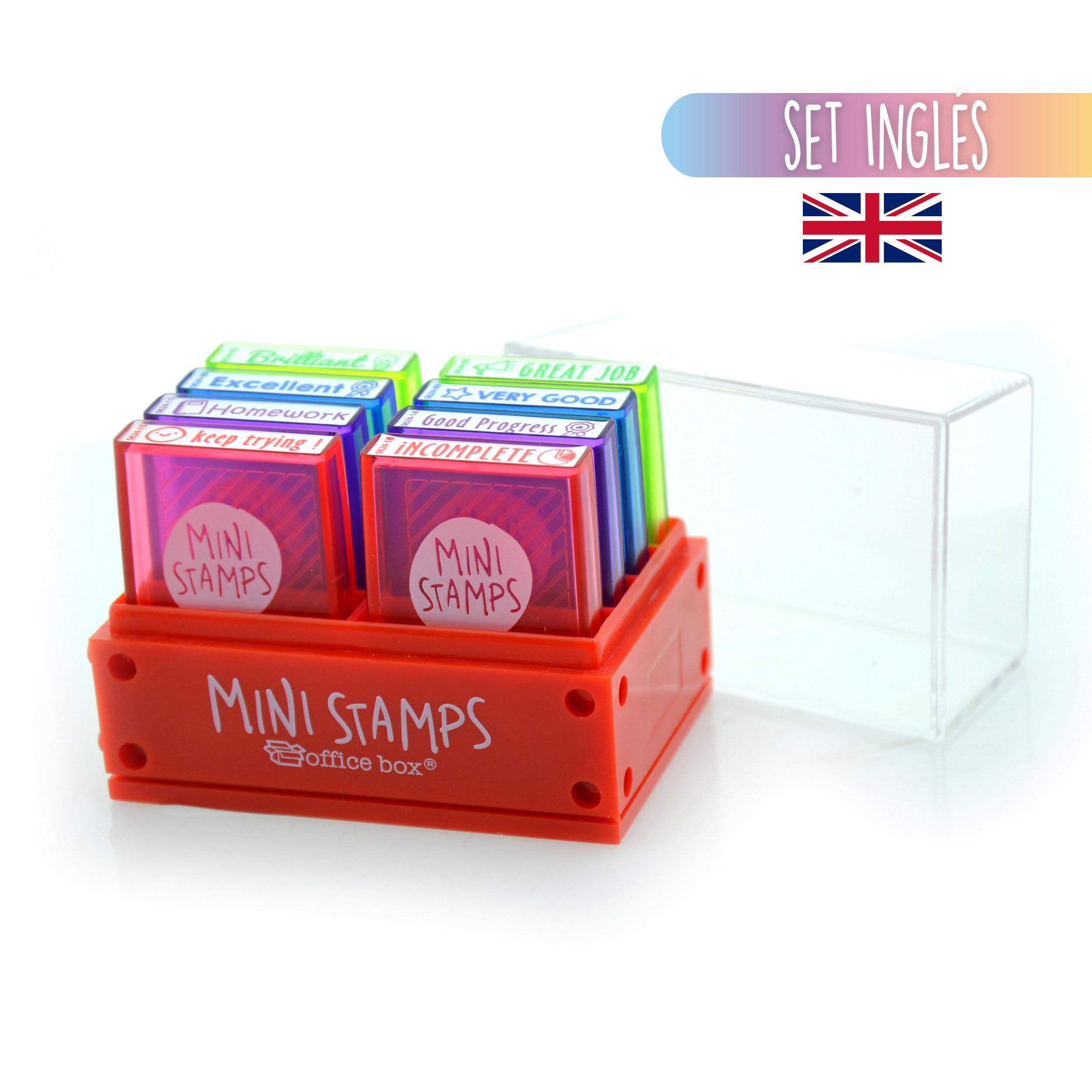 Pack Inglés - Sellos Motivación Mini Stamps - 8 Títulos Didácticos Ideales Para reforzar las necesidades y conceptos positivos del alumnado - Especial Profesores de Office Box