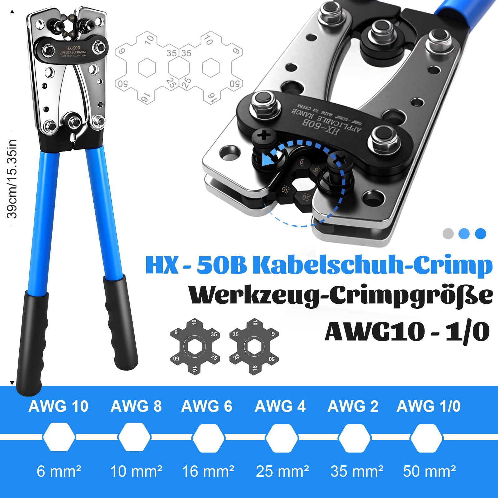 Crimpzange Kabelschuhe AWG Draht Crimper mit 100 Stück Schrumpfschlauch und 60 Kupferanschlüsse, batteriekabelschuh Crimpzange für Kabelhülse zwischen 6-50 mm²