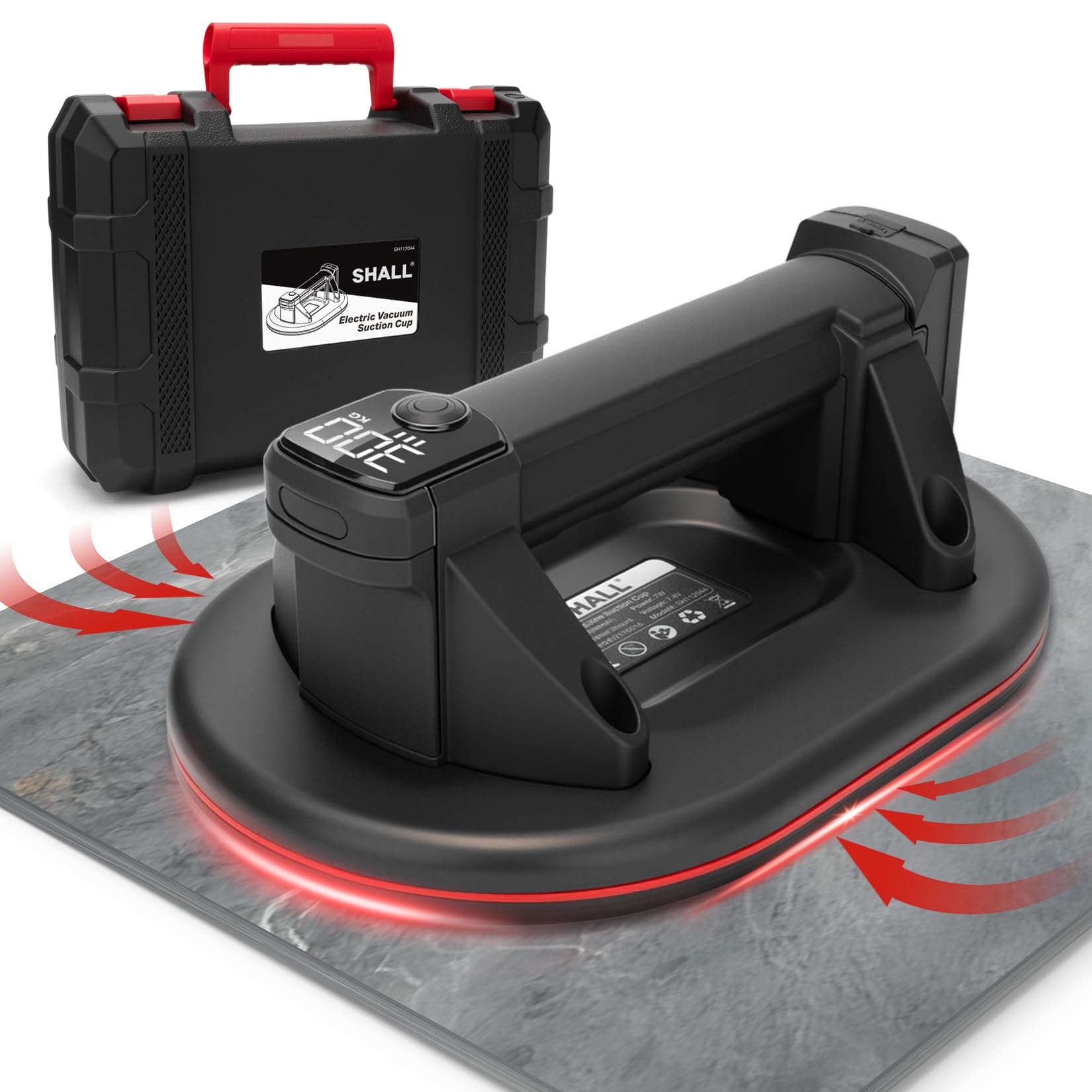 SHALL Elektrischer Vakuum Saugheber 300kg Tragkraft, Akku Saugheber mit LCD-Anzeige, 24,5cm Vakuumheber für Fliesen, Glas, Stein, Metall, Profi Saugwerkzeug
