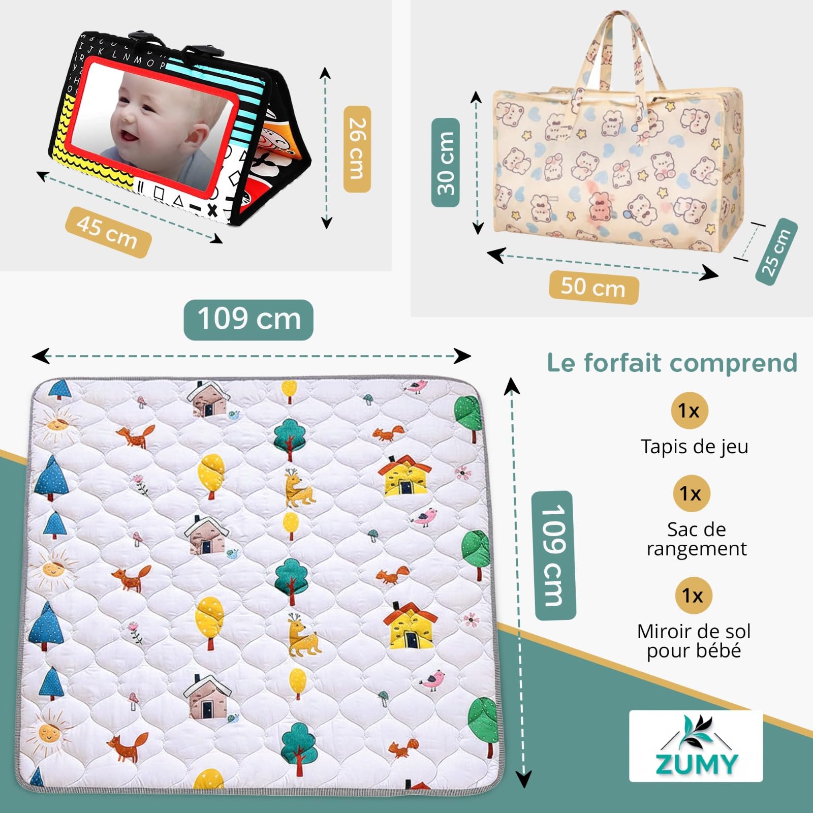 Tapis Bébé 109 × 109 cm – Tapis Éveil Bébé avec Miroir Interactif & Sac de Rangement | Matelas Ultra Doux, Très Épais, Antidérapant & Inodore – Idéal pour Tummy Time, Motricité & Éveil