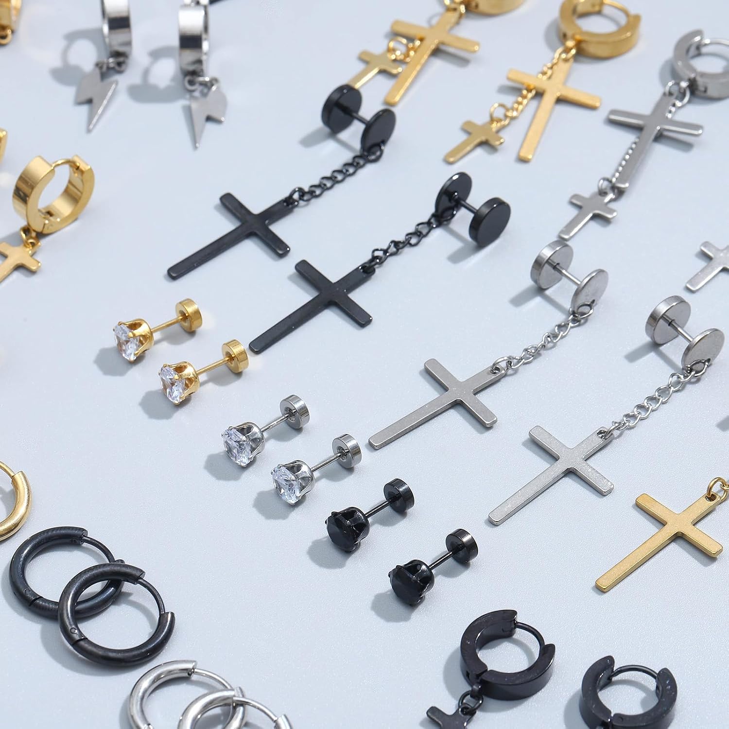 NEWITIN 24 Pairs Stainless Steel Earrings for Men Hypoallergenic Inlaid Cubic Zirconia Studs Hoop Earring Cross Dangle Earrings Unisex Punk Stud Earring for Women Men