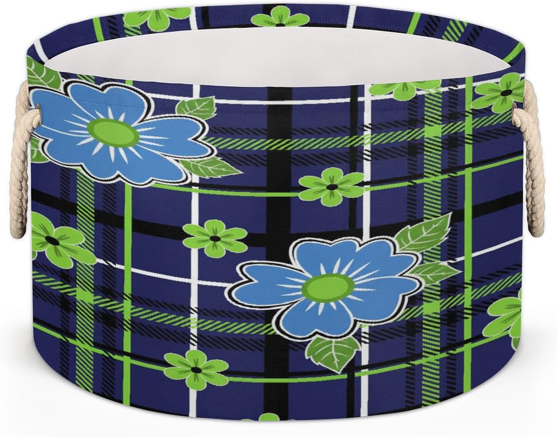 Large Storage Baskets - Plaid Blue Flowers Nursery Round Collapsible Organizer Bin Box, Laundry Hamper for Kids Toys, Blanket, Bedroom Living Room Home Decor, Gift Basket, 19.4"x13.3"