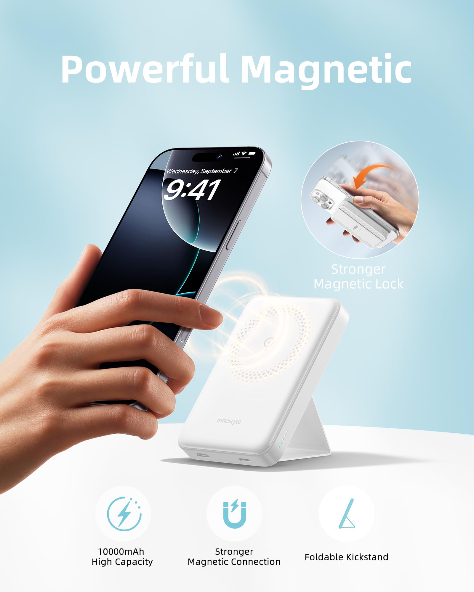 Innostyle Magnetic Power Bank 3 in 1 10000mAh Wireless Charger with Foldable Stand, 20W USB-C Fast Charging Portable Slim Mag-Safe Battery Pack for iPhone 16/15/14/13/12 Series