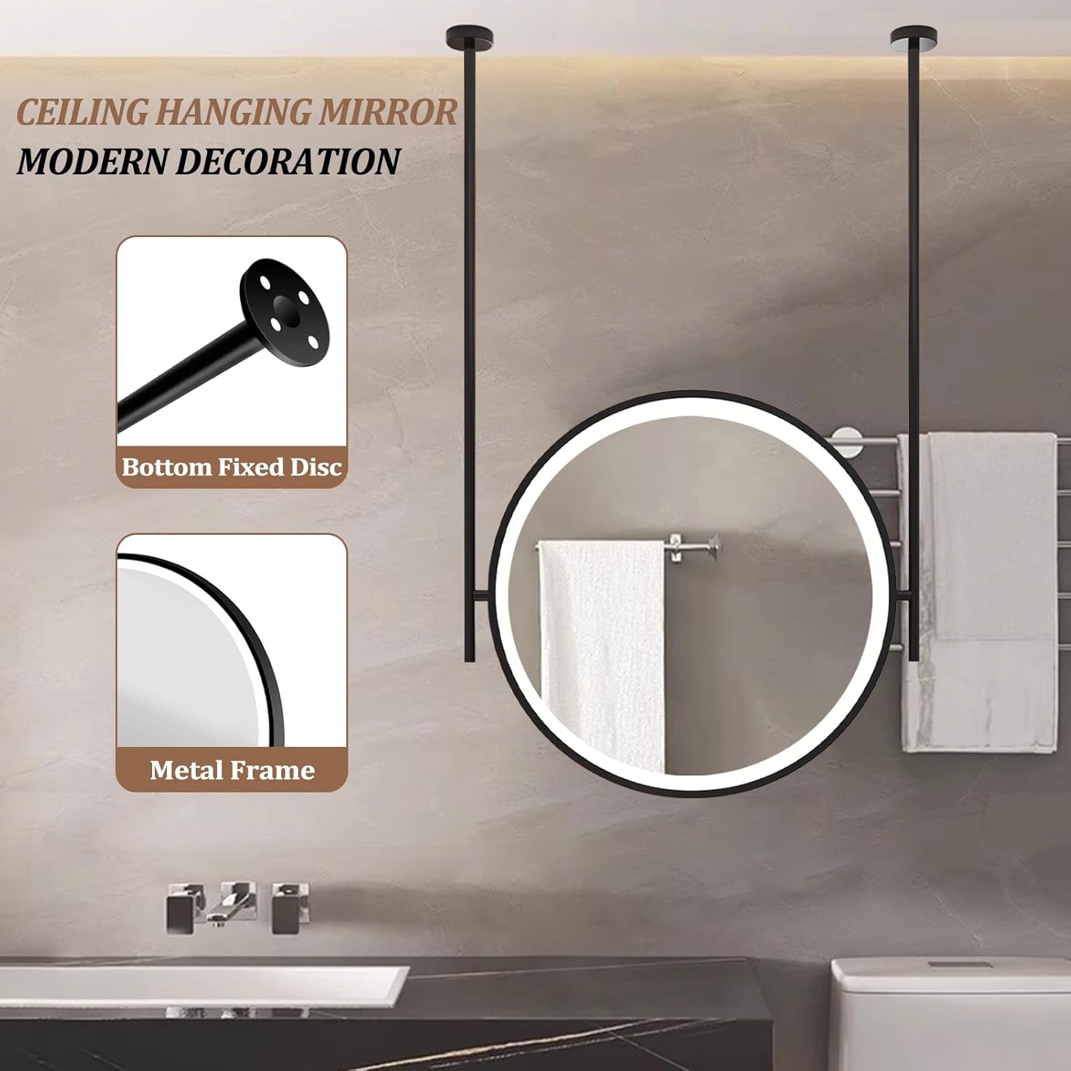 ブラックLEDミラー（ライト付き）、メタルフレームとダブルロッド付きラウンド天井ミラー、バスルームベッドルームメイクアップバニティミ