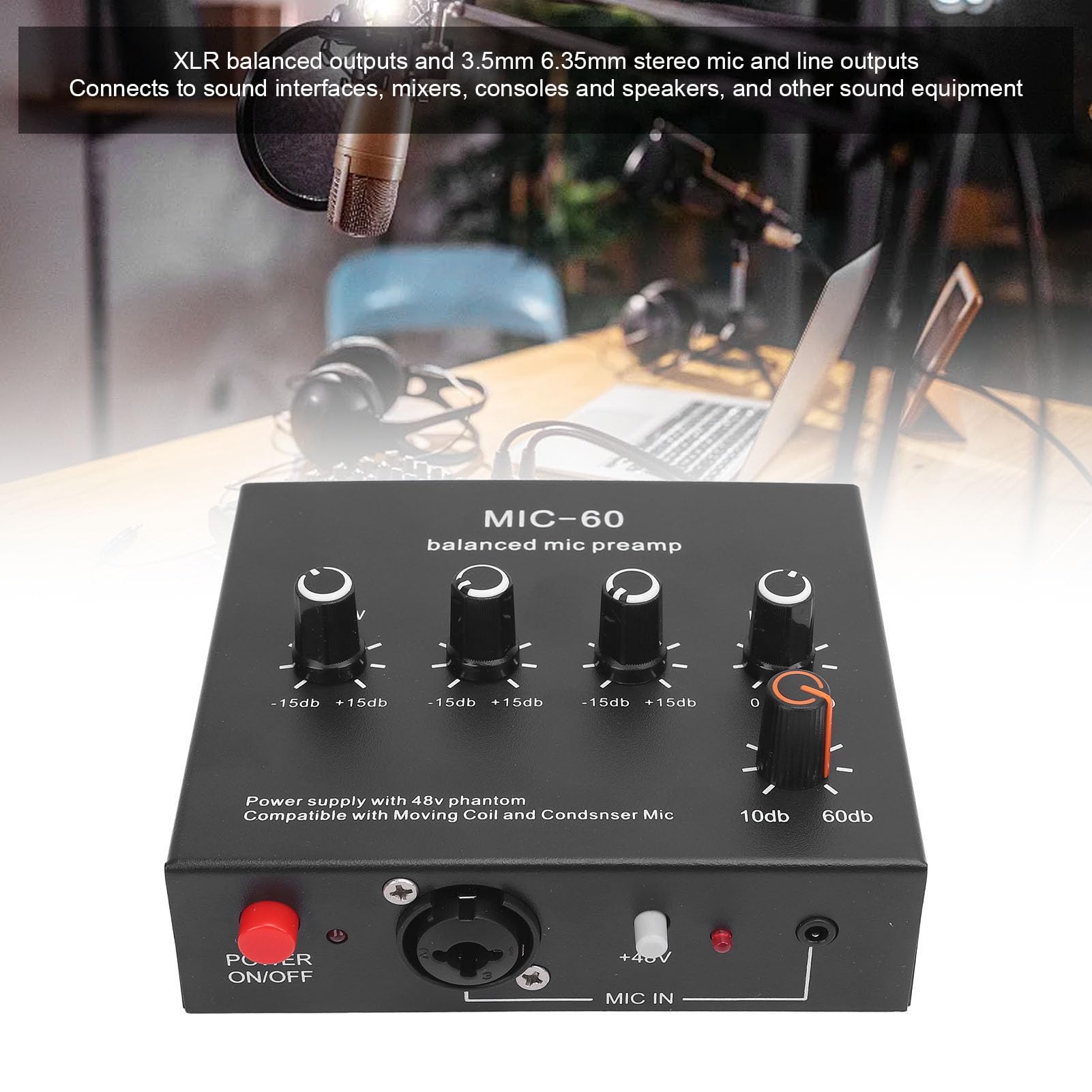 Préampli Micro, 60 DB Gain élevé, 48V Power, 3,5mm/6,35mm/XLR Sortie, Préamplificateur de Microphone, Préampli Microphone pour Micro à Condenseur et Dynamique (Prise UE)