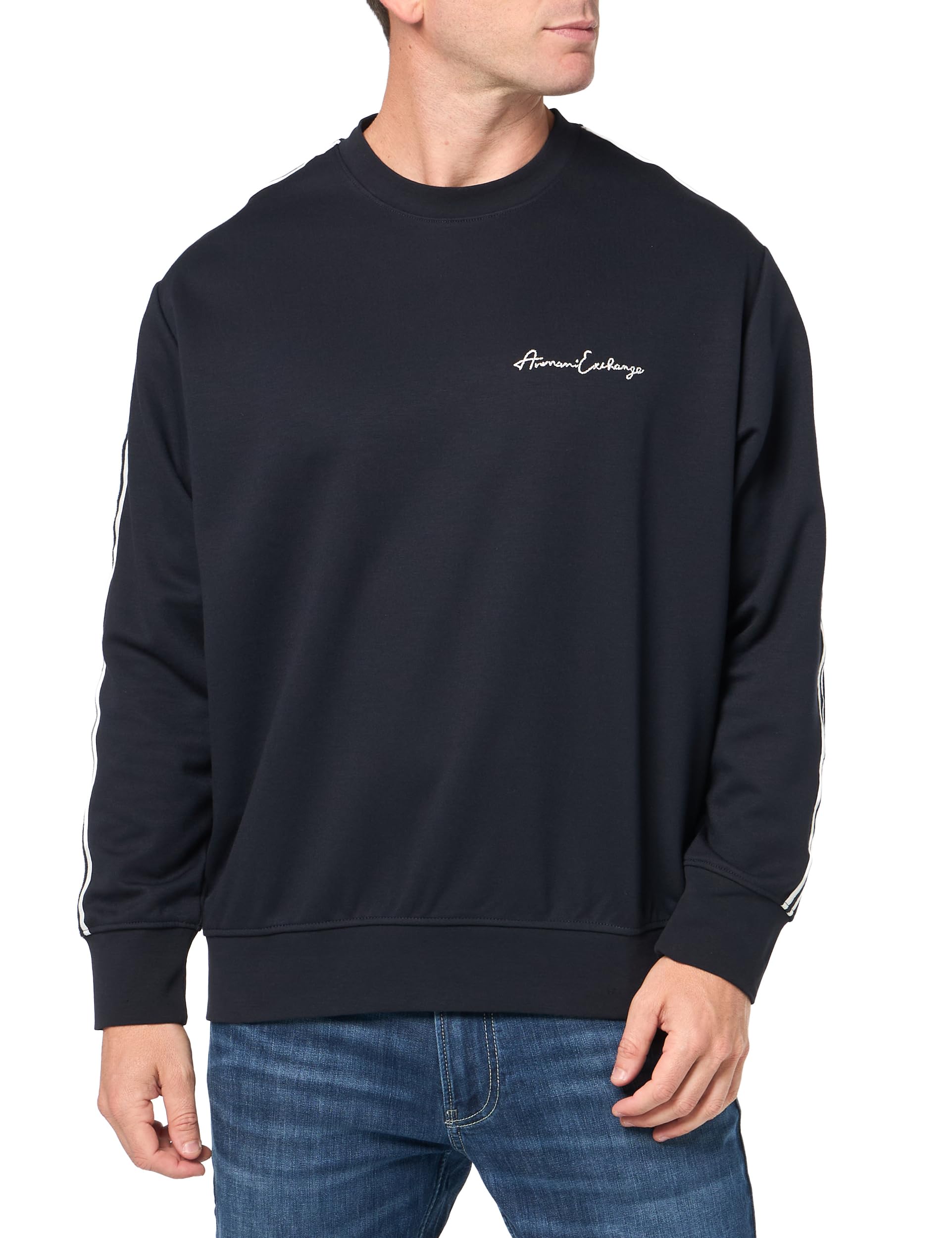 Armani Exchange Men's Navy Blue Crewneck Stretch Interlock Sweatshirt