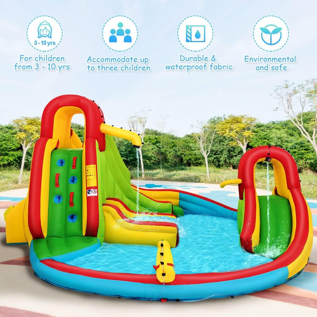 OLAKIDS Inflatable Water Slide, 7 in 1 Bounce House with 2 Slides 2 Water Guns Climbing Wall Splash Pool Basketball Rim, Outdoor Inflatable Obstacle Course Jumping Castle for Backyard with Blower