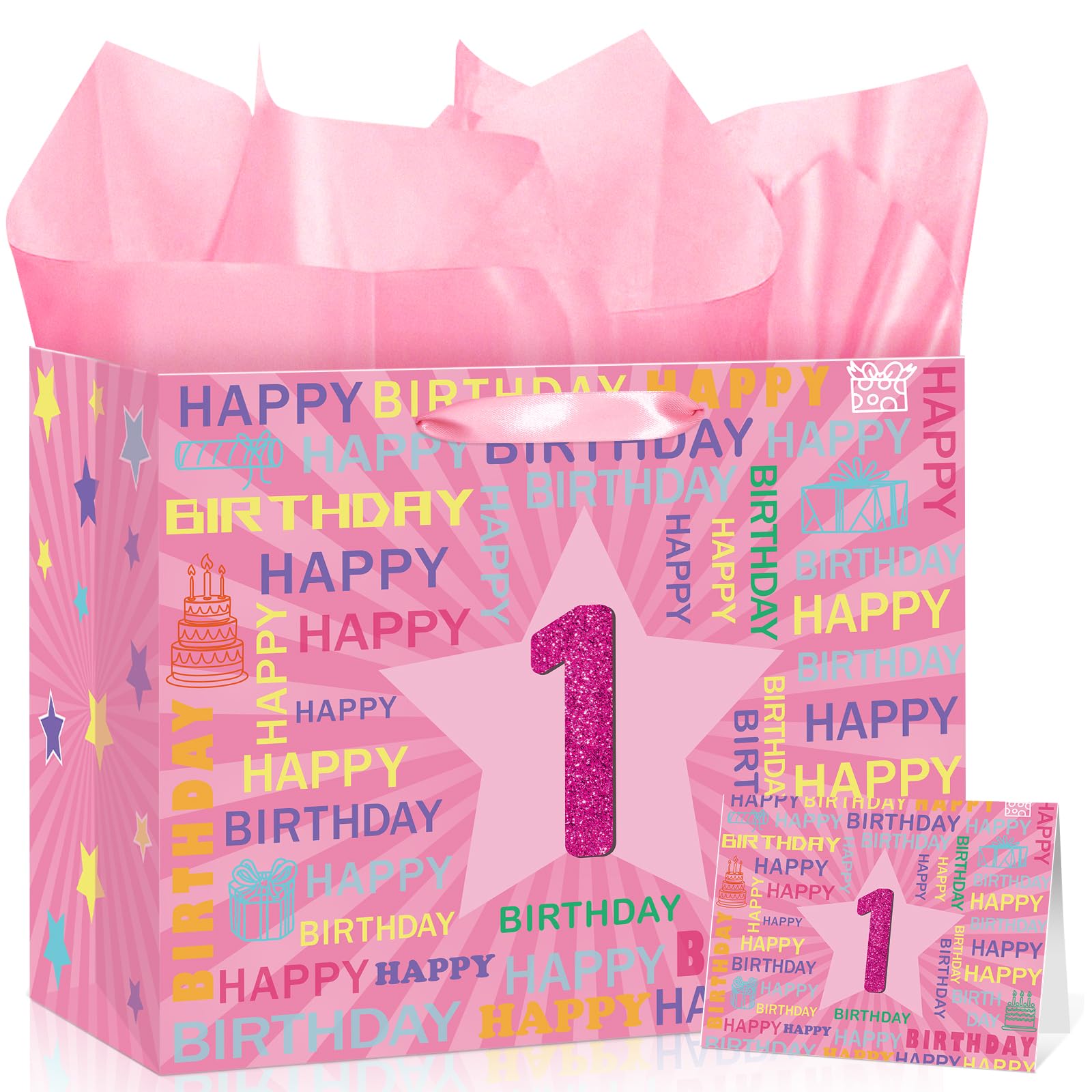 1st Birthday Gift Bag with Card & 3 Sheets Pink Tissue Paper, Glitter Pink Number 1 Star Present Bag for Girls, Large Luxury Happy Birthday Wrapping for Daughter Granddaughter 1 Year Old