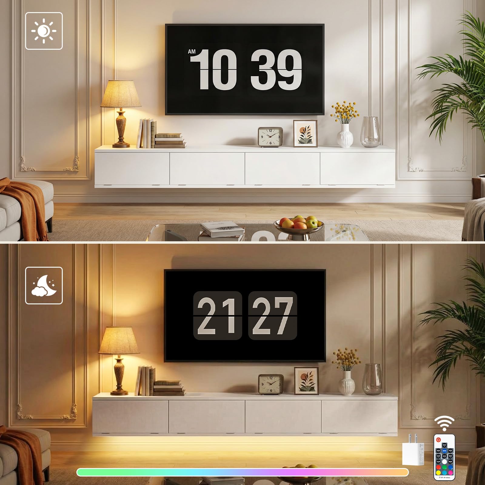 YATINEY Mueble para TV Suspendido con Tira de Luces LED, Soporte para TV Montado en Pared con Cuatro Puertas Abatibles, 180 x 24 x 22 cm, para Salón o Dormitorio, Blanco XDS23DWT