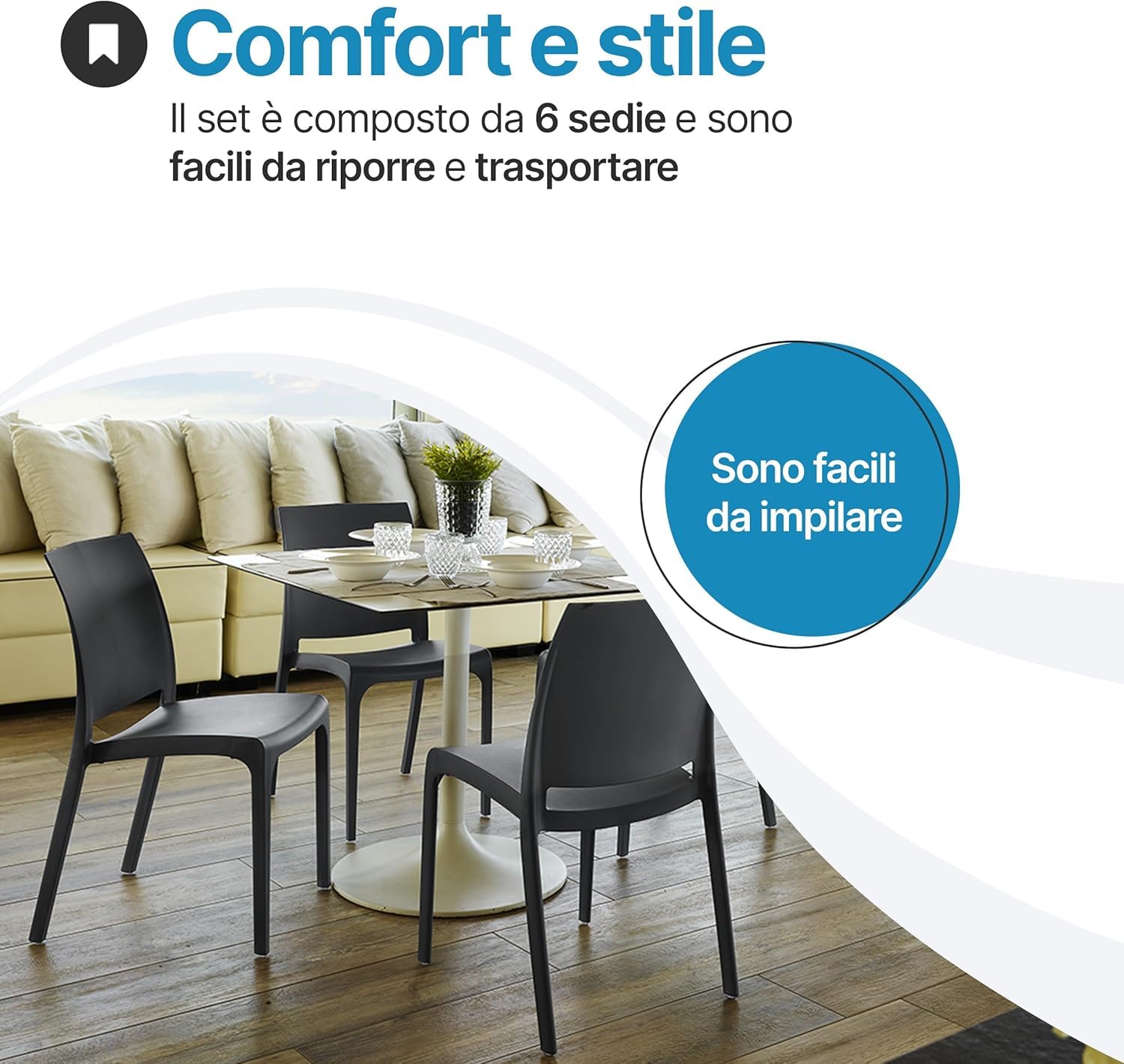 Tomaino - Tavolo da Giardino con Sedie per Esterno - Set Lion King composto da Tavolo King con 6 Sedie Volga Impilabili - Balcone, Veranda (Bianco)