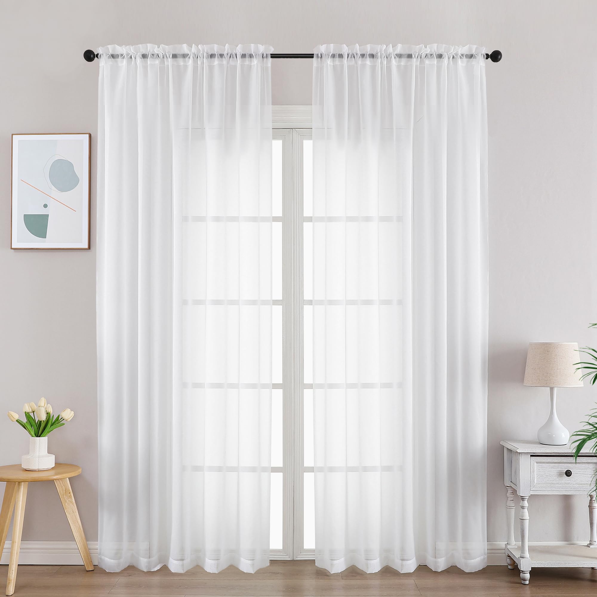 Gwine White Sheer Curtains 84 Inches Long 2 Panels Set, Light Filtering Sheer Curtains for Living Room Bedroom 59 Inch Extra Wide, Modern Voile Soft Airy Rod Pocket Drapes, 59Wx84L Inch, 2PCS, White