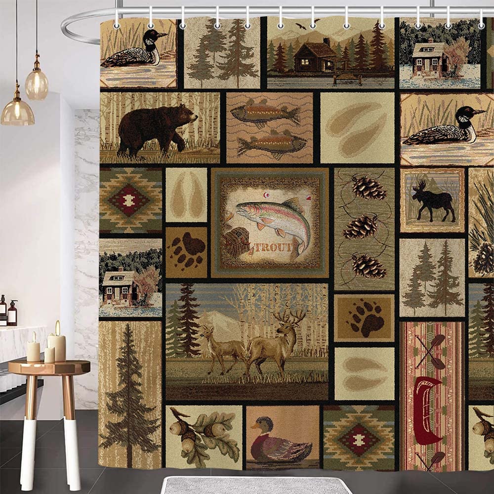 Hajmsug Rustic Farm Shower Curtain, Retro Bear Moose Lodge Vintage Farmhouse Shower Curtain Sets, Wild Duck Leaves Mountain Hill Retro Decor Barhroom