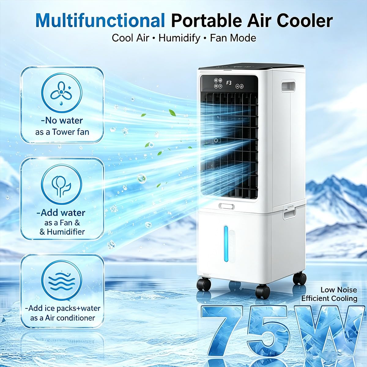 Enfriador De Aire Evaporativo 12/25L, Climatizador Evaporativo 3 En 1 | Con control remoto, 2 hieleras, 3 velocidades con 12 temporizadores(25L)