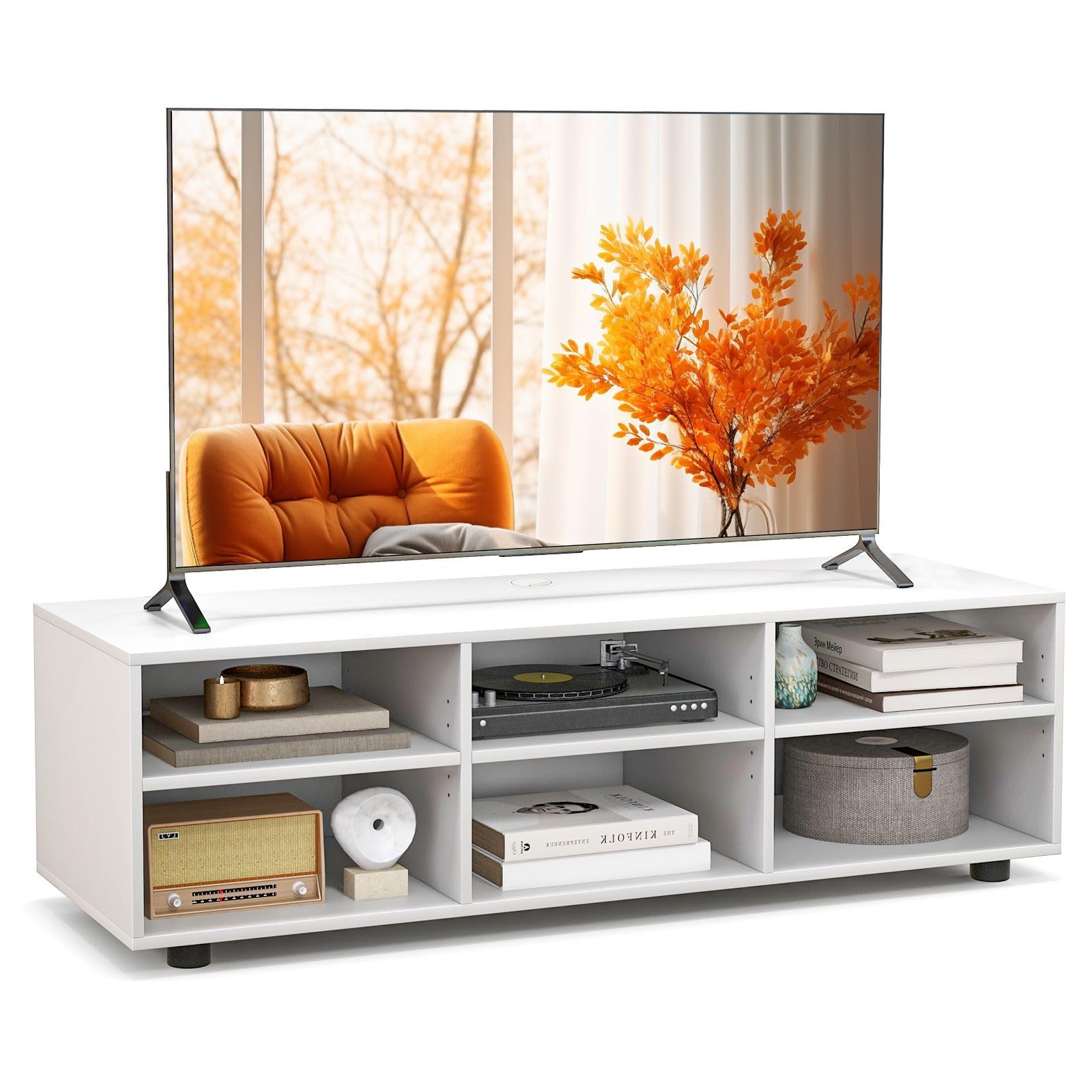 CASART TV Stand, 3-Tier Wooden TV Cabinet with Adjustable Shelves, Modern Living Room Media Entertainment Center for TVs up to 55" (White, 6 Cubes-115 x 39 x 34cm) — image 1