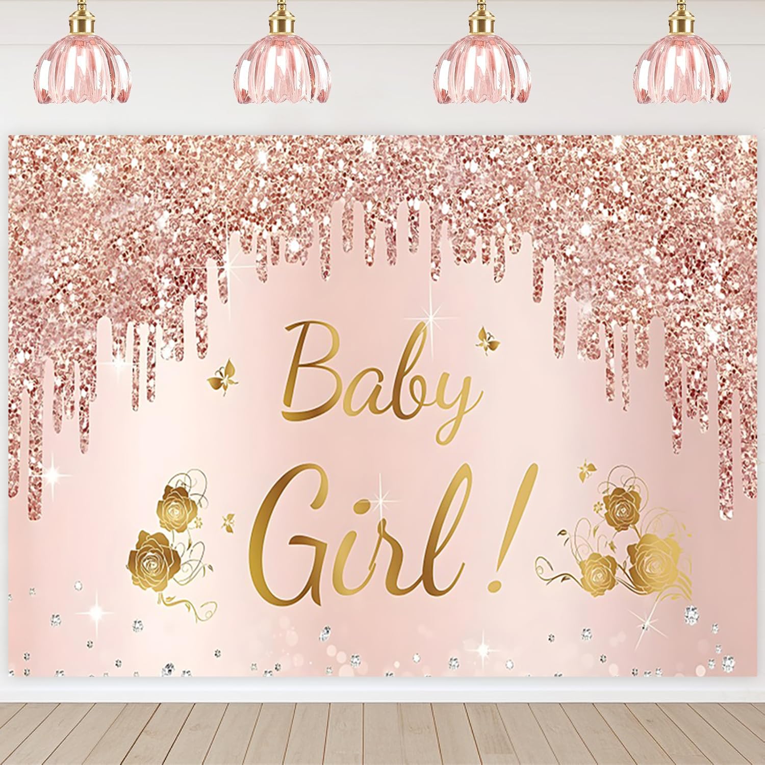 3x2m Telón de Fondo Baby Shower Rosa Oro Rosa Niña Póster Fotografía Fondo Recién Nacido Baby Shower Decoraciones de Fiesta Banner Photo Booth Props