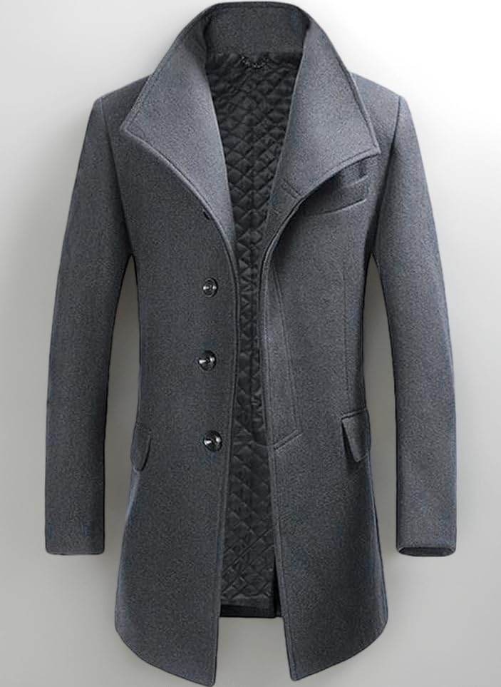 Allthemen Mens Winter Wool Trench Coat Mid Length Slim Fit Casual Stand Collar Overcoat