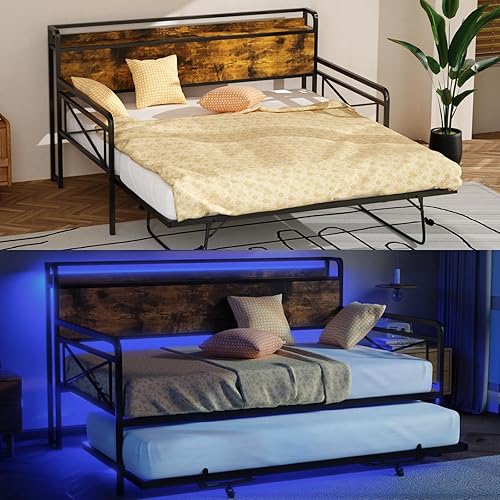 VINGLI Daybed with Trundle Twin, Metal Daybed Frame with Pop-up Trundle Bed and Charging Station,Day Bed with Wooden Storage Headboard & LED Lights, for Kids Room, Living Room, Bedroom, Brown