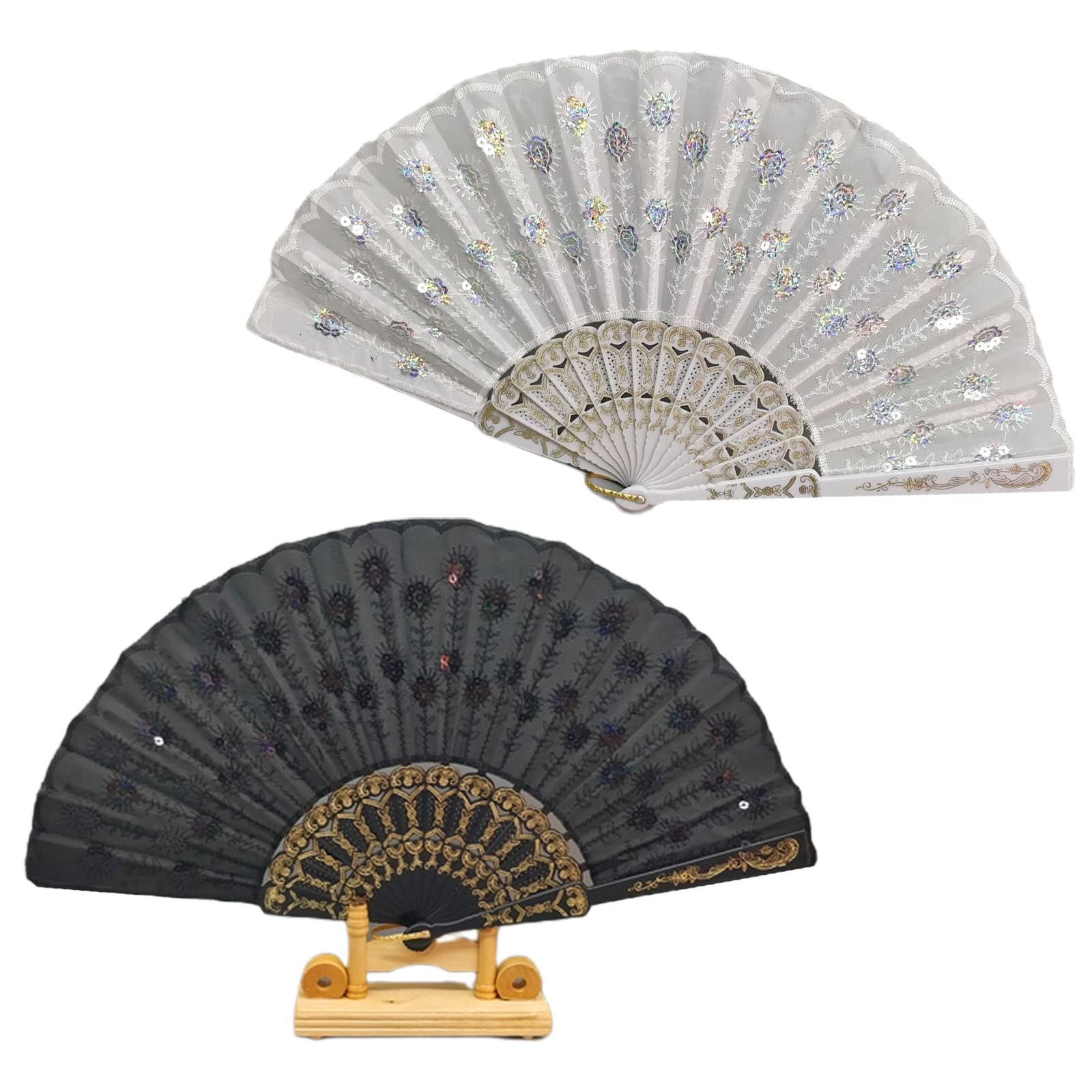 qiangXINGYai Pack of 2 Peacock Pattern Sequin Fabric Hand Fans Black and White Lace Folding Fans Lace Hand Fans for DIY Parties Weddings Decoration
