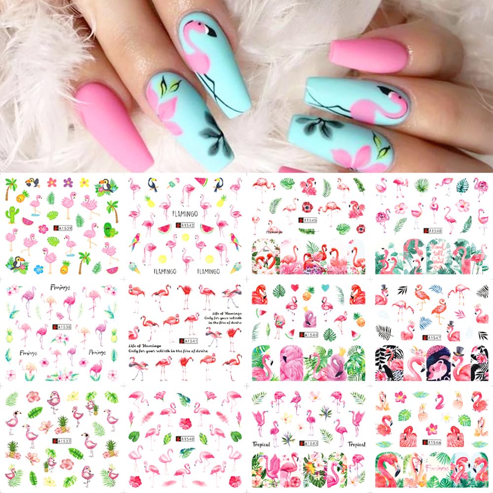 Flamingo Nail Art Stickers Decals, 12 Sheets Summer Spring Water Transfer Nail Decals Cute Pink Flamingo Green Leaf Hawaii Fruit Nail Design Spring