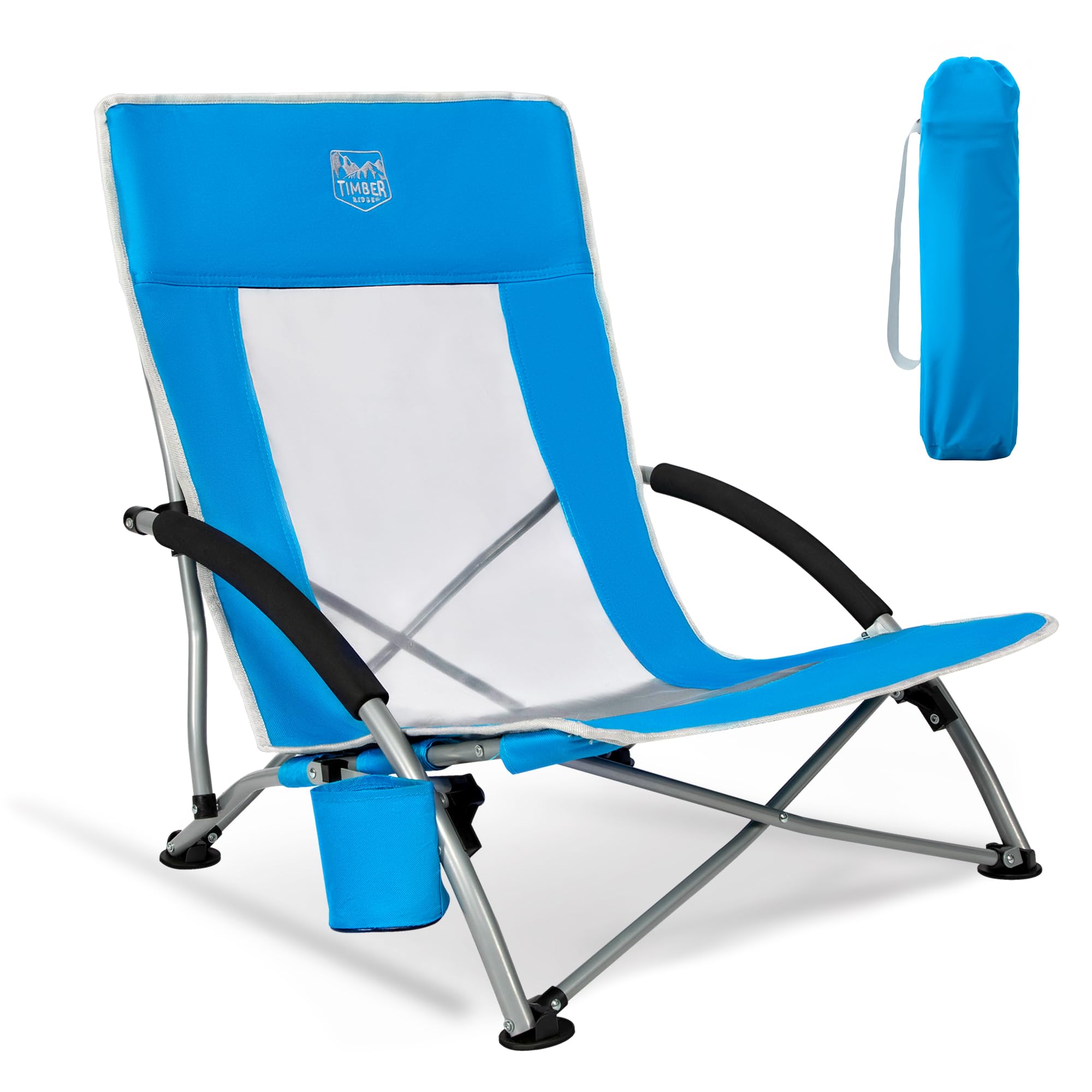 TIMBER RIDGE Strandstuhl Klappbar Leicht Campingstuhl Faltbar 150kg Belastbar mit Atmungsaktiver Netzstoffrückenlehne Niedrig Faltstuhl mit Getränkhalter Strand Garten Angeln
