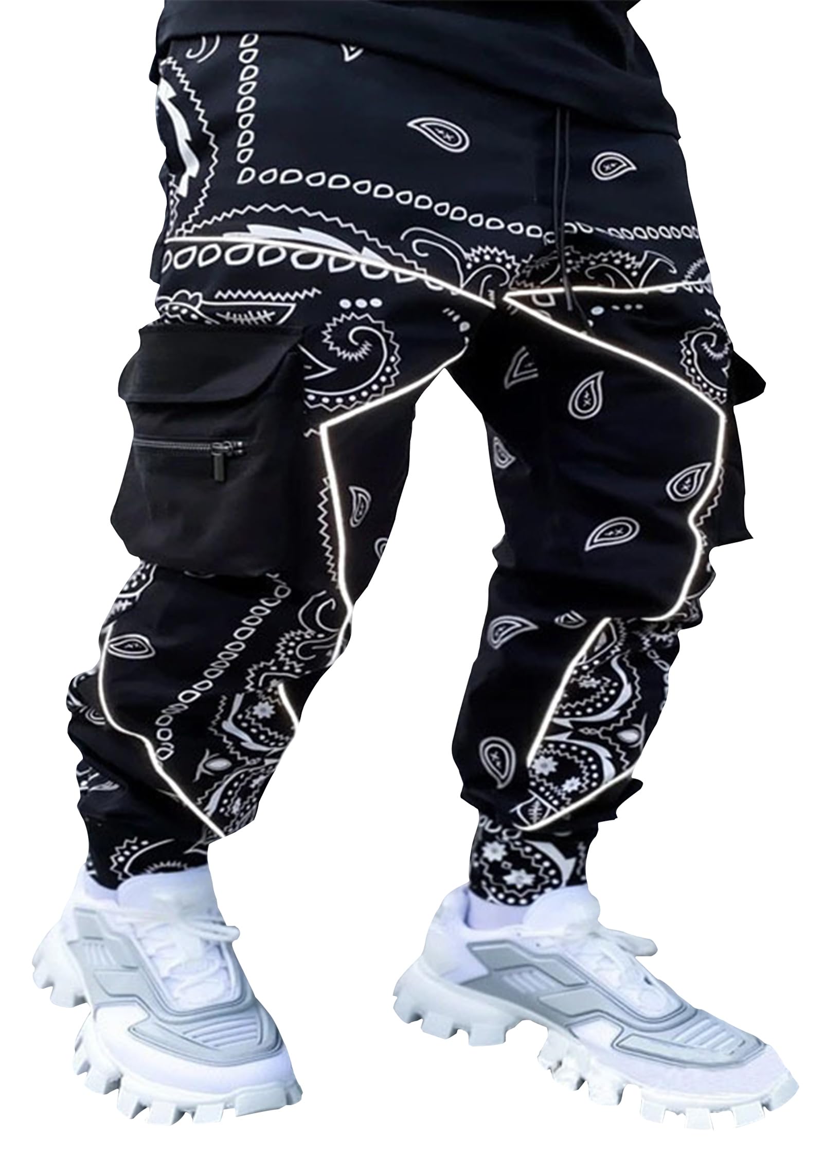 Men's Paisley Pants Cargo Jogger Hip Hop Workout Punk Pants Bandana Techwear Streetwear Sweatpants(Black Medium)