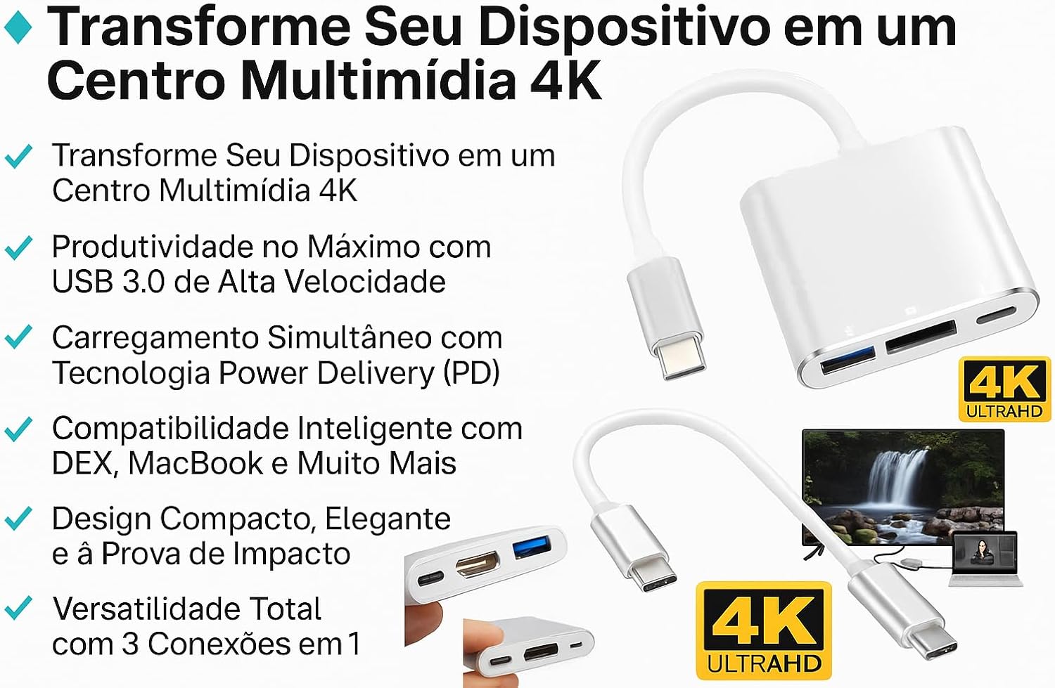 Adaptador USB-C para HDMI 4K, USB 3.0 e Carga PD - Compatibilidade com MacBook, Thunderbolt 3 e DEX Android - Eleva Sua Experiência Multimídia Oferece Carga Rápida Vende Mais