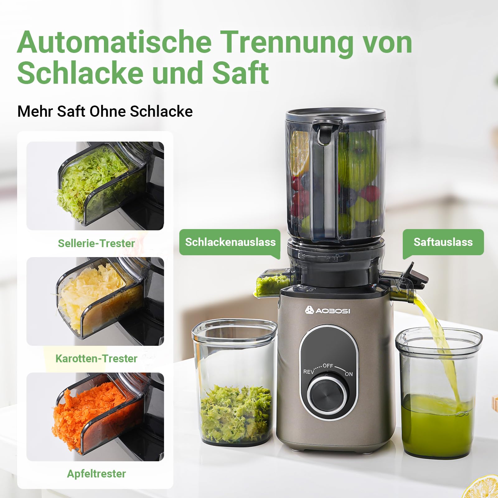 AAOBOSI SlowJuicer für Gemüse und Obst,Hohe Saftausbeute, Saftpresse Elektrisch mit Rückwärts Funktion,Leicht zu Reinigen，BPA-Frei