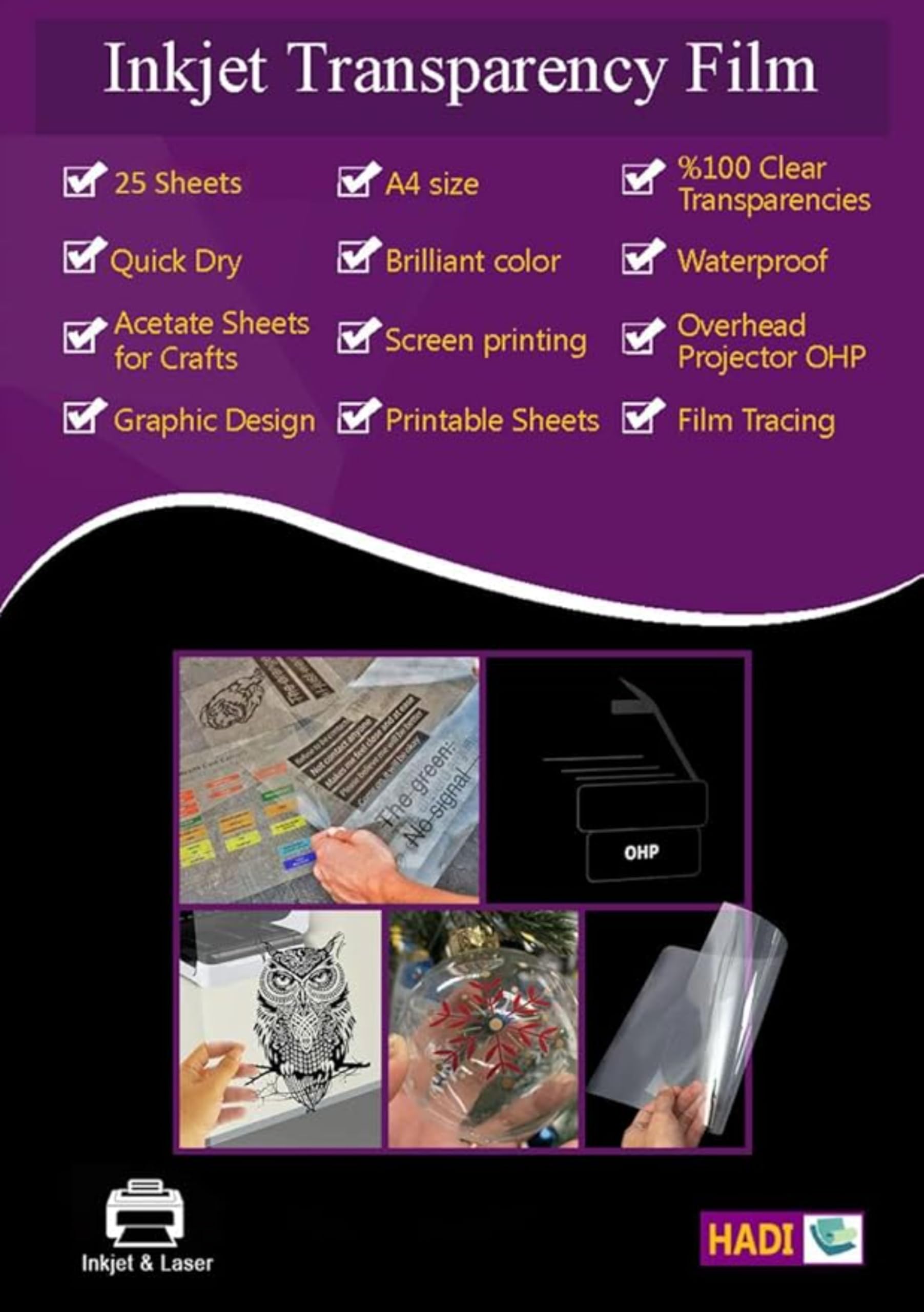 Inkjet Transparency Film 25 sheets A4-100% Clear transparency-Printing Film-Acetate Sheets for Crafts,Overhead projector presentations OHP, Film Tracing Graphic Design-screen printing-Quick Dry,