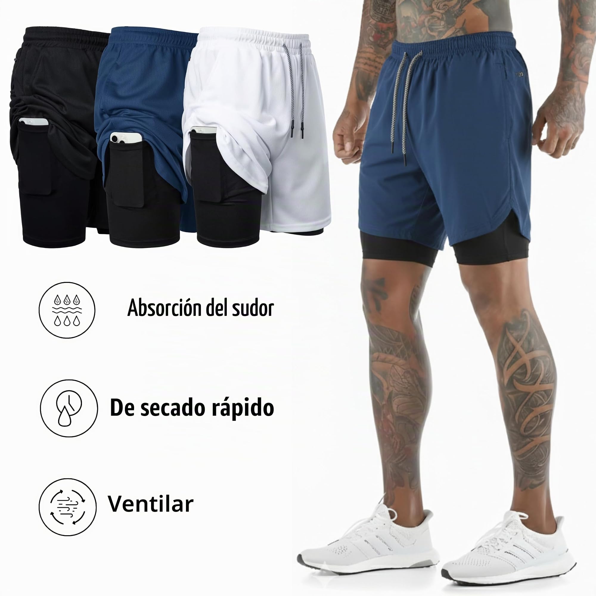Pack de 3 Pantalones Cortos Hombre Deporte 2 en 1 con Malla integrada | 4 Bolsillos, Cinta Trasera Portatoallas, Resistentes, Transpirables, de Secado Rápido, Gym, Crossfit, Running, Padel