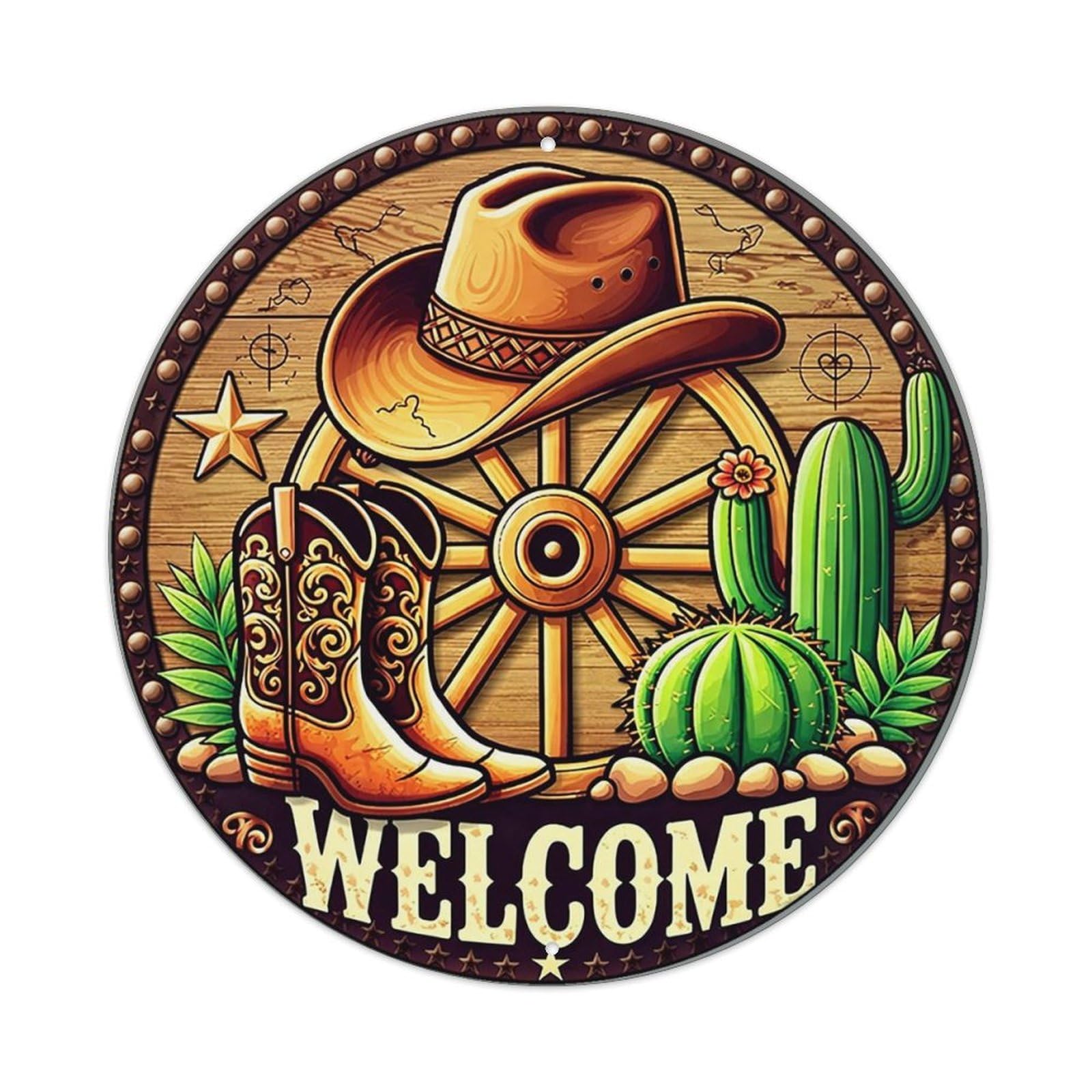 Western Cowboy Hat Boots Cactus Welcome Tin Sign Metal Poster Vintage Metal Signs for Home Man Cave Bar Cafe Kitchen laundry room Wall Decorations 8x8 inches