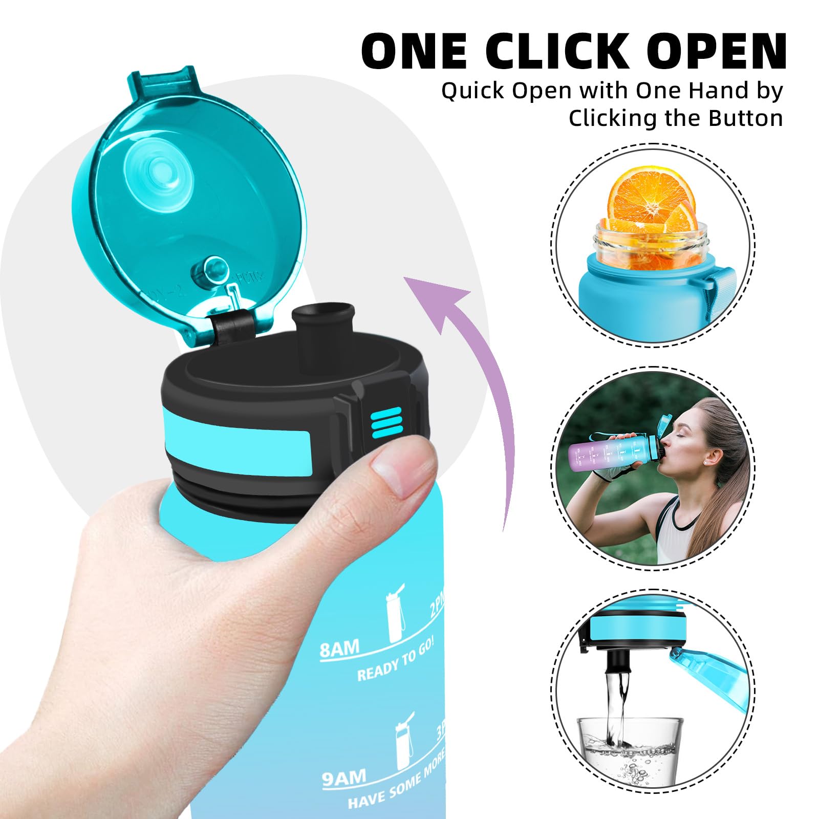 Borraccia, Borraccia Palestra 1 litro, Borracce Senza Perdite, Borracce Motivazionale, Facile da Trasportare, Bottiglia con Orari per Bere, Facile da Pulire, per Campeggio, Fitness, Yoga, Scuola