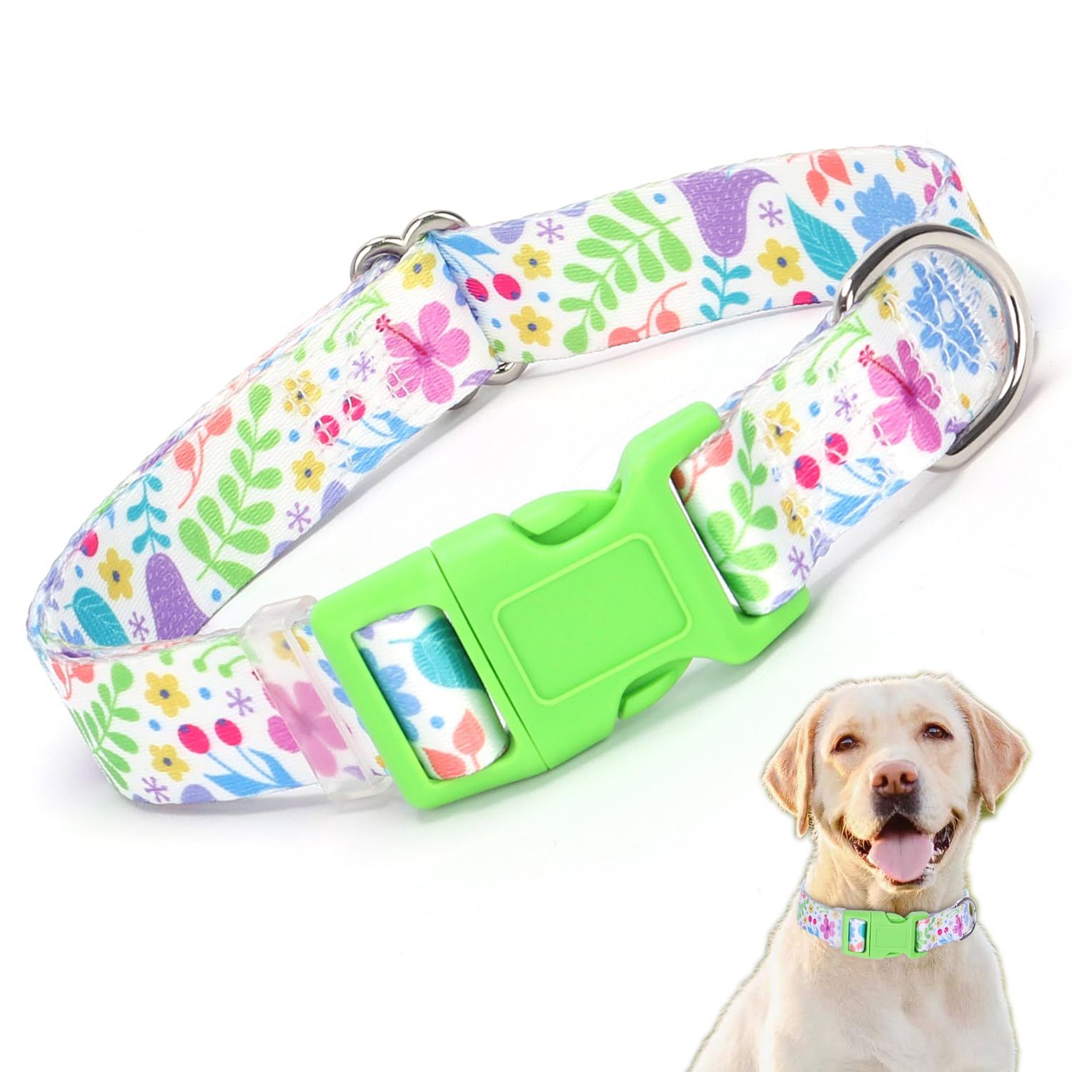 Female Dog Collar for Large Dogs, Cute Pretty Floral Pattern Design Quick Release Buckle Soft Nylon Girl Dog Collars Adjustable for Small Medium Large