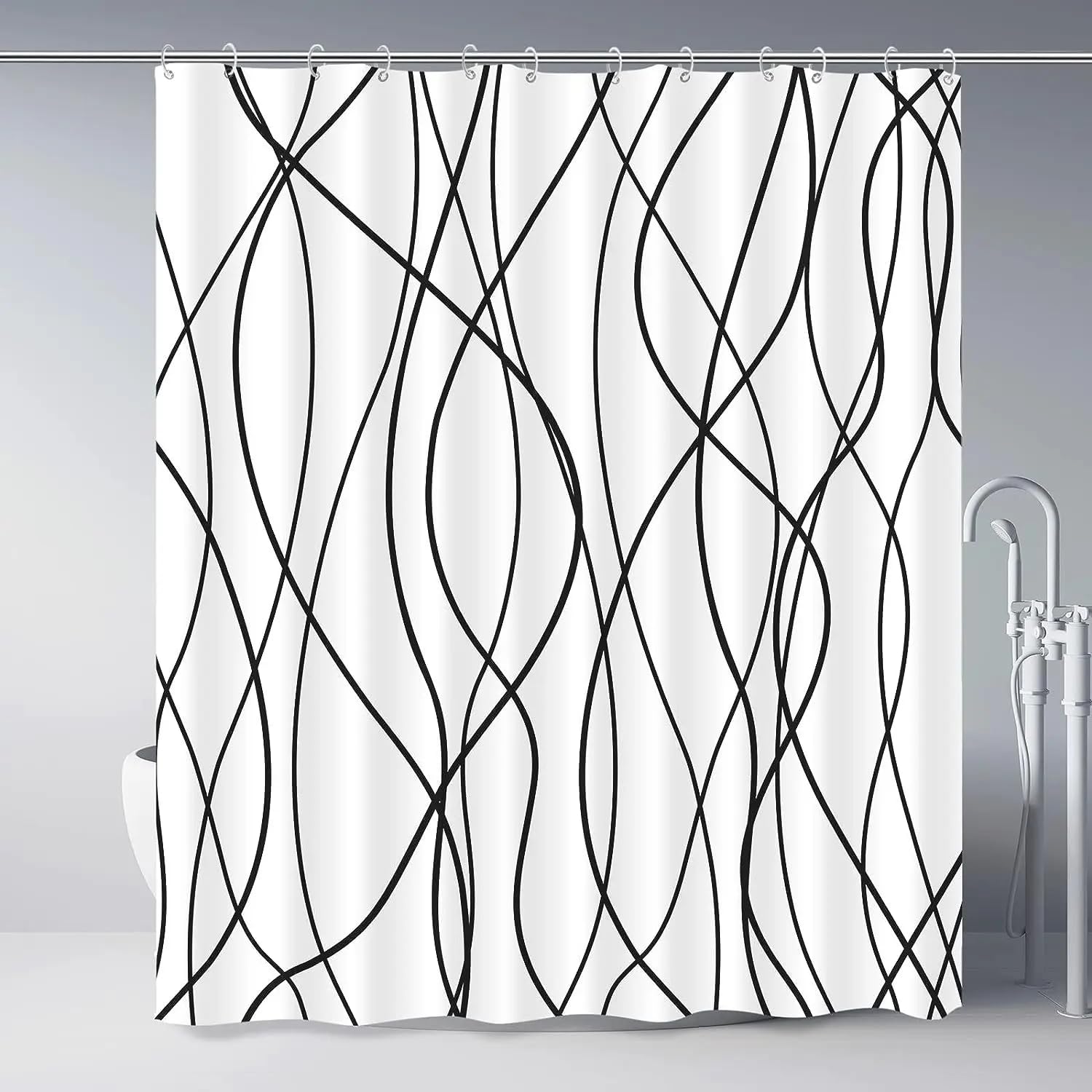 Cortina de Ducha 240 x 200 cm Blanca con Ganchos, Diseño Geométrico de Rayas Onduladas Negras, Impermeable, Moderna y Sencilla, de Tela, Lavable A Máquina, 240 x 200 cm (1 Paneles).