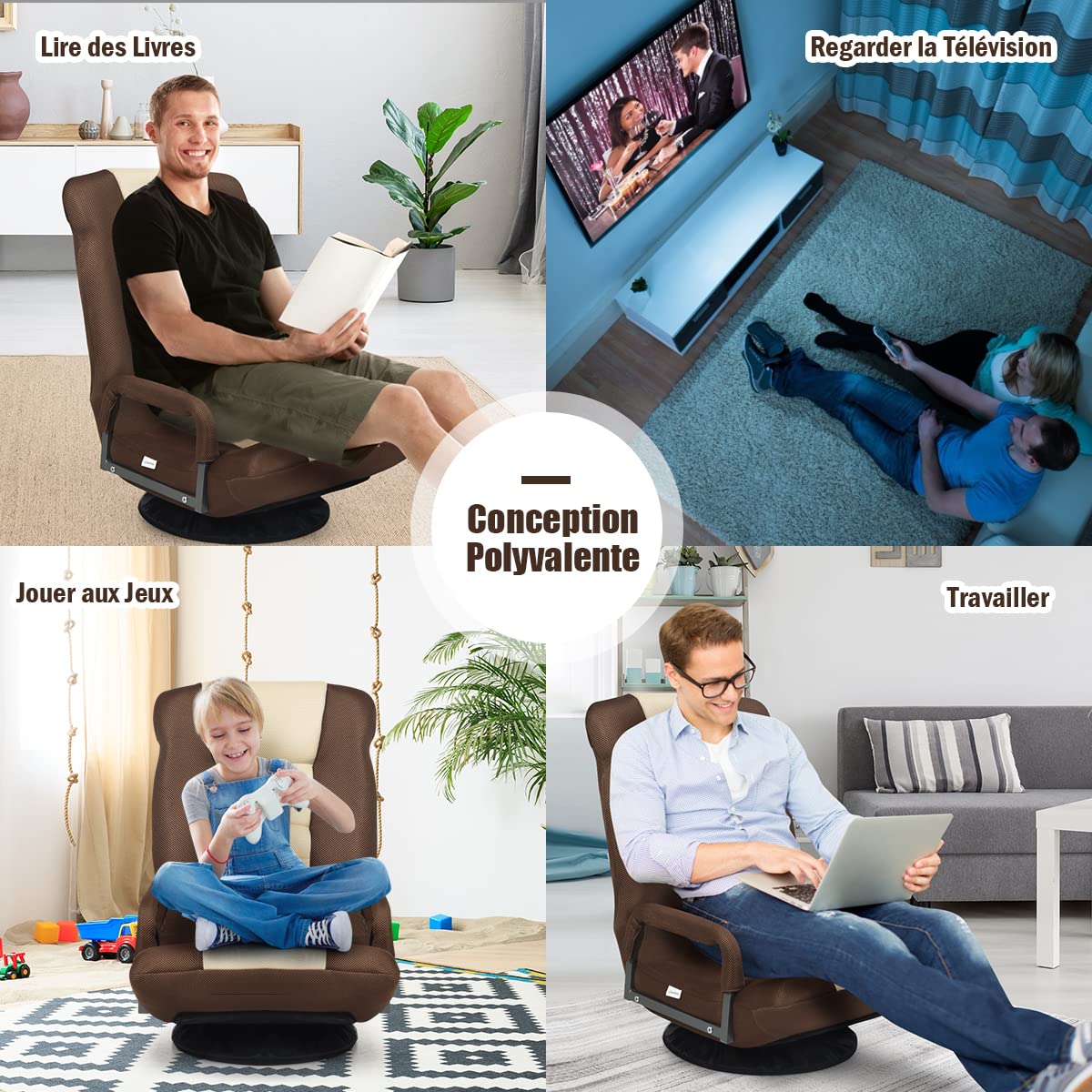 GOPLUS Sillón Relax Plegable Giratorio 360° | Silla Perezosa con Respaldo Ajustable en 5 Posiciones, Reposabrazos, 85 x 75 x 55 cm, Carga 120 kg (Marrón)