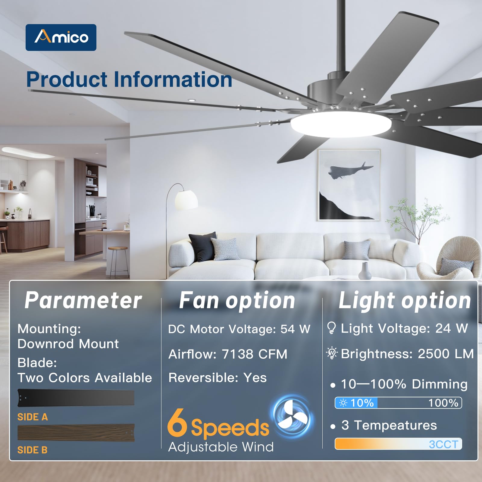 72 inch Ceiling Fans with Lights Large Ceiling Fan with Light and Remote Control Dimmable 3CCT Quiet Black — view 3