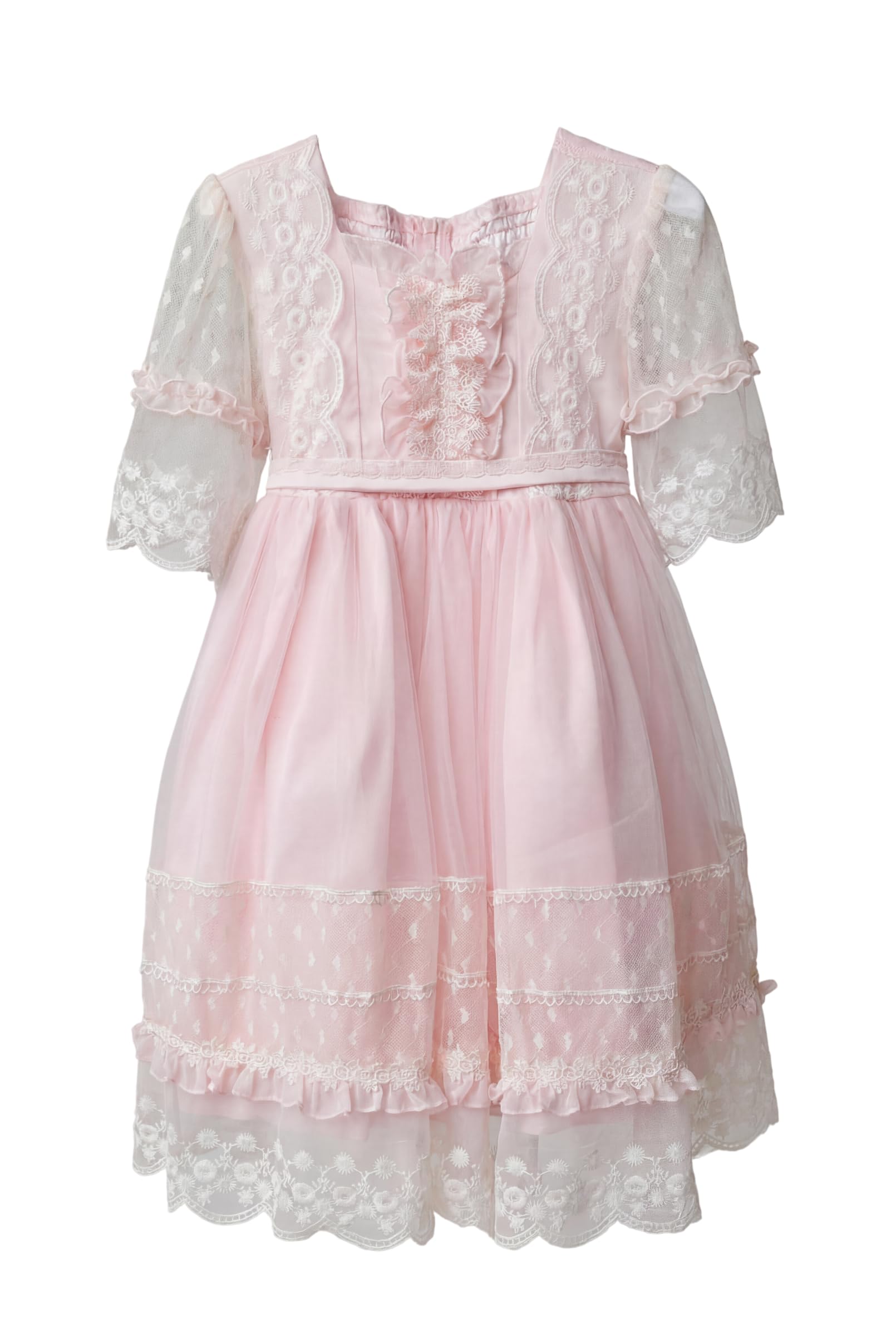 Vestido Rosa de Encaje con Mangas Transparentes Bordadas para bebés y niñas, Ideal para Bodas y Fiestas
