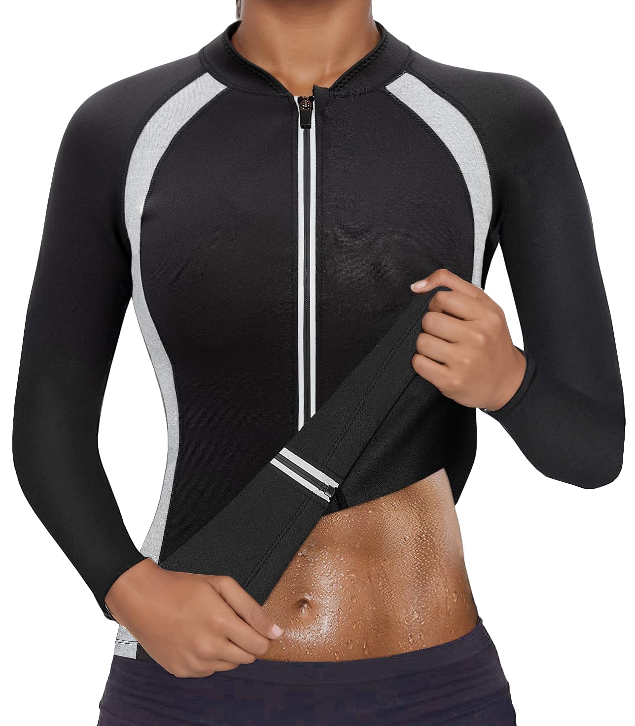Women Sauna Suit Workout Jacket Hot Sweat Shirt Body Shaper Waist Trainer Fitness Top Long Sleeve Neoprene Zipper