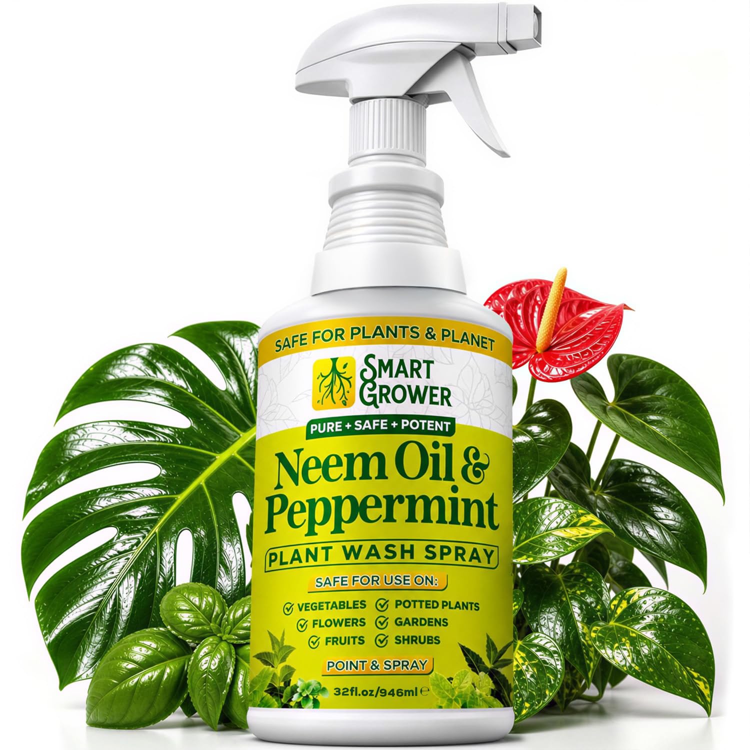 Spray de aceite de neem para plantas con spray de lavado de plantas de menta, 32 onzas